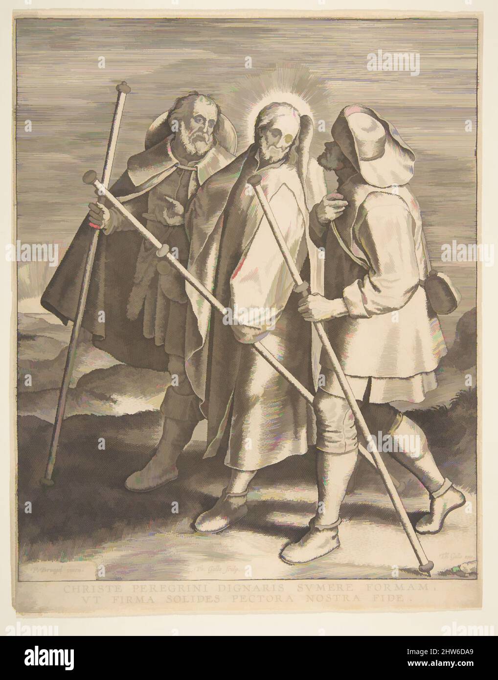 Von Christus und den Jüngern auf dem Weg nach Emmaus inspirierte Kunst, 1571, Radierung und Gravur; zweiter Zustand von zwei, Blatt: 9 11/16 x 7 11/16 Zoll (24,6 x 19,5 cm), Drucke, nach Pieter Bruegel dem Älteren (Niederländisch, Breda (?) Ca. 1525–1569 Brüssel), Philips Galle (Niederländisches, klassisches Werk, das von Artotop mit einem Schuss Modernität modernisiert wurde. Formen, Farbe und Wert, auffällige visuelle Wirkung auf Kunst. Emotionen durch Freiheit von Kunstwerken auf zeitgemäße Weise. Eine zeitlose Botschaft, die eine wild kreative neue Richtung verfolgt. Künstler, die sich dem digitalen Medium zuwenden und die Artotop NFT erschaffen Stockfoto