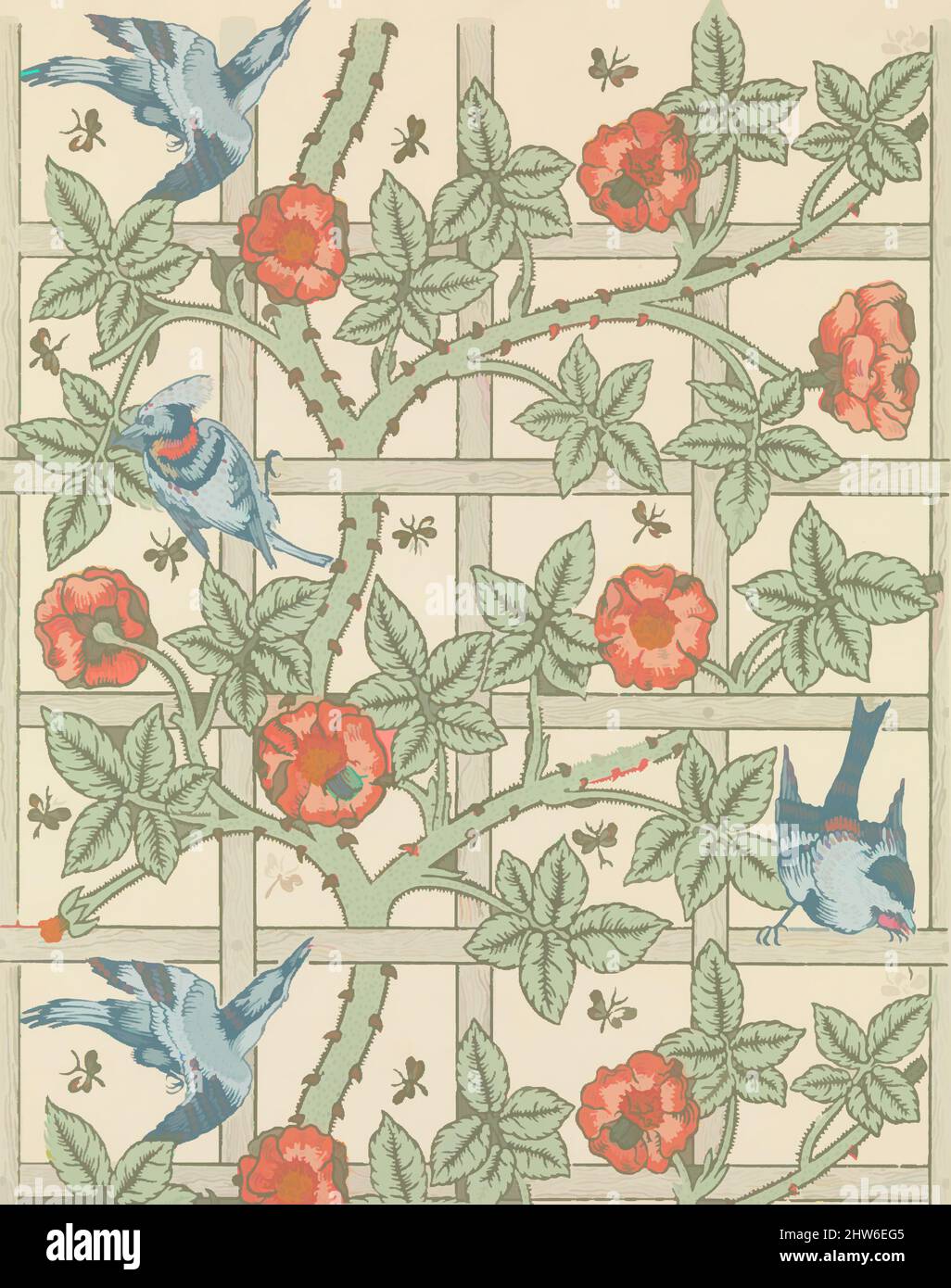 Art inspired by Trellis, designed 1862, first produced 1864, Blockdrucktapete, Blatt: 27 x 21 1/2 Zoll (68,6 x 54,6 cm), Tapete, William Morris (britisch, Walthamstow, London 1834–1896 Hammersmith, London), Birds Designed by Philip Webb (British, Oxford 1831–1915 West Sussex, Classic Works Modernity Modernised by Artotop with a Splash of Modernity. Formen, Farbe und Wert, auffällige visuelle Wirkung auf Kunst. Emotionen durch Freiheit von Kunstwerken auf zeitgemäße Weise. Eine zeitlose Botschaft, die eine wild kreative neue Richtung verfolgt. Künstler, die sich dem digitalen Medium zuwenden und die Artotop NFT erschaffen Stockfoto