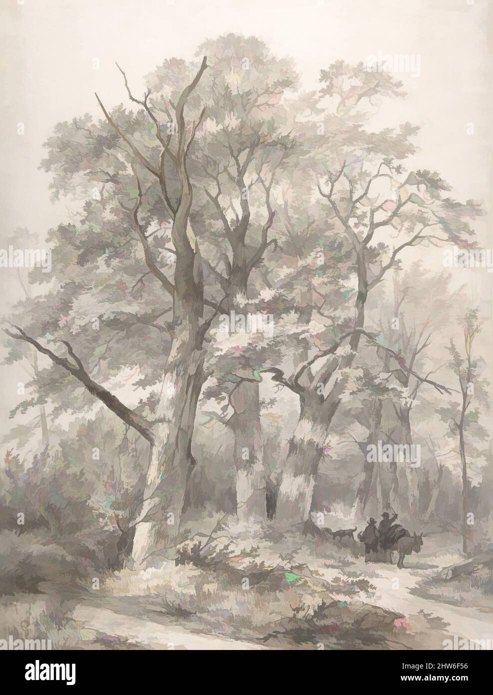 Kunst inspiriert von Einem Wald mit zwei Männern im Gespräch, 1842, Stift und schwarze Tinte über schwarzer Kreide, Pinsel und braun-grauem Waschmittel, Blatt: 21 3/8 x 16 1/4 Zoll (54,3 x 41,2 cm), Zeichnungen, Jacobus Pelgrom (Niederländisch, Amsterdam 1811–1861 Amsterdam, Klassische Werke, die von Artotop mit einem Schuss Moderne modernisiert wurden. Formen, Farbe und Wert, auffällige visuelle Wirkung auf Kunst. Emotionen durch Freiheit von Kunstwerken auf zeitgemäße Weise. Eine zeitlose Botschaft, die eine wild kreative neue Richtung verfolgt. Künstler, die sich dem digitalen Medium zuwenden und die Artotop NFT erschaffen Stockfoto