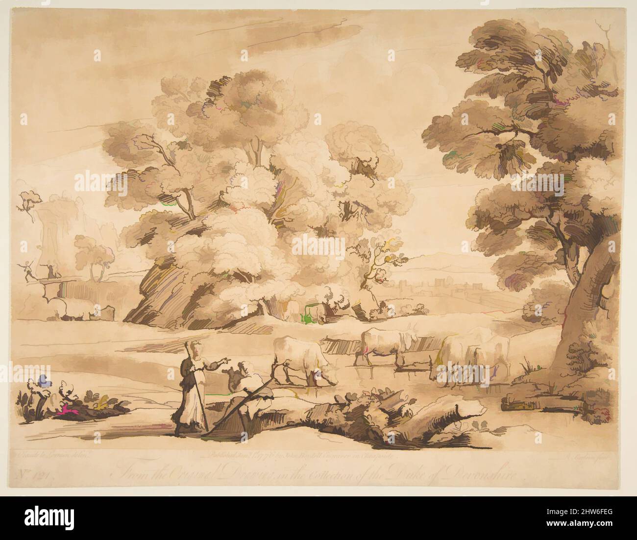 Art Inspired by Landscape with Shepherd and Shepherdess, 1776, Mezzotint mit Radierung, Blatt: 7 7/8 x 10 1/16 Zoll (20 x 25,5 cm), Drucke, Richard Earlom (British, London 1743–1822 London), After Claude Lorrain (Claude Gellée) (Französisch, Chamagne 1604/5?–1682 Rom, Klassische Werke, die von Artotop mit einem Schuss Moderne modernisiert wurden. Formen, Farbe und Wert, auffällige visuelle Wirkung auf Kunst. Emotionen durch Freiheit von Kunstwerken auf zeitgemäße Weise. Eine zeitlose Botschaft, die eine wild kreative neue Richtung verfolgt. Künstler, die sich dem digitalen Medium zuwenden und die Artotop NFT erschaffen Stockfoto