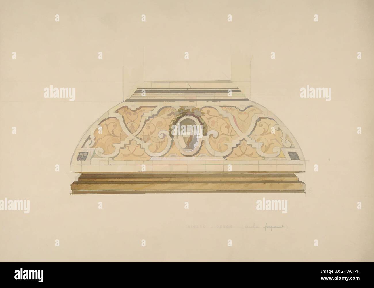 Kunst inspiriert von Design für die Dekoration der Treppe im Chateau d'Ognon von M. Demachy (Oise, Frankreich), zweite Hälfte 19.. Jahrhundert, Graphit, Stift und Tinte, Aquarell und Gouache auf gewobeltem Papier, Blatt: 10 1/2 x 14 13/16 Zoll (26,6 x 37,6 cm), Zeichnungen, Jules-Edmond-Charles Lachaise, Klassische Werke, die von Artotop mit einem Schuss Moderne modernisiert wurden. Formen, Farbe und Wert, auffällige visuelle Wirkung auf Kunst. Emotionen durch Freiheit von Kunstwerken auf zeitgemäße Weise. Eine zeitlose Botschaft, die eine wild kreative neue Richtung verfolgt. Künstler, die sich dem digitalen Medium zuwenden und die Artotop NFT erschaffen Stockfoto