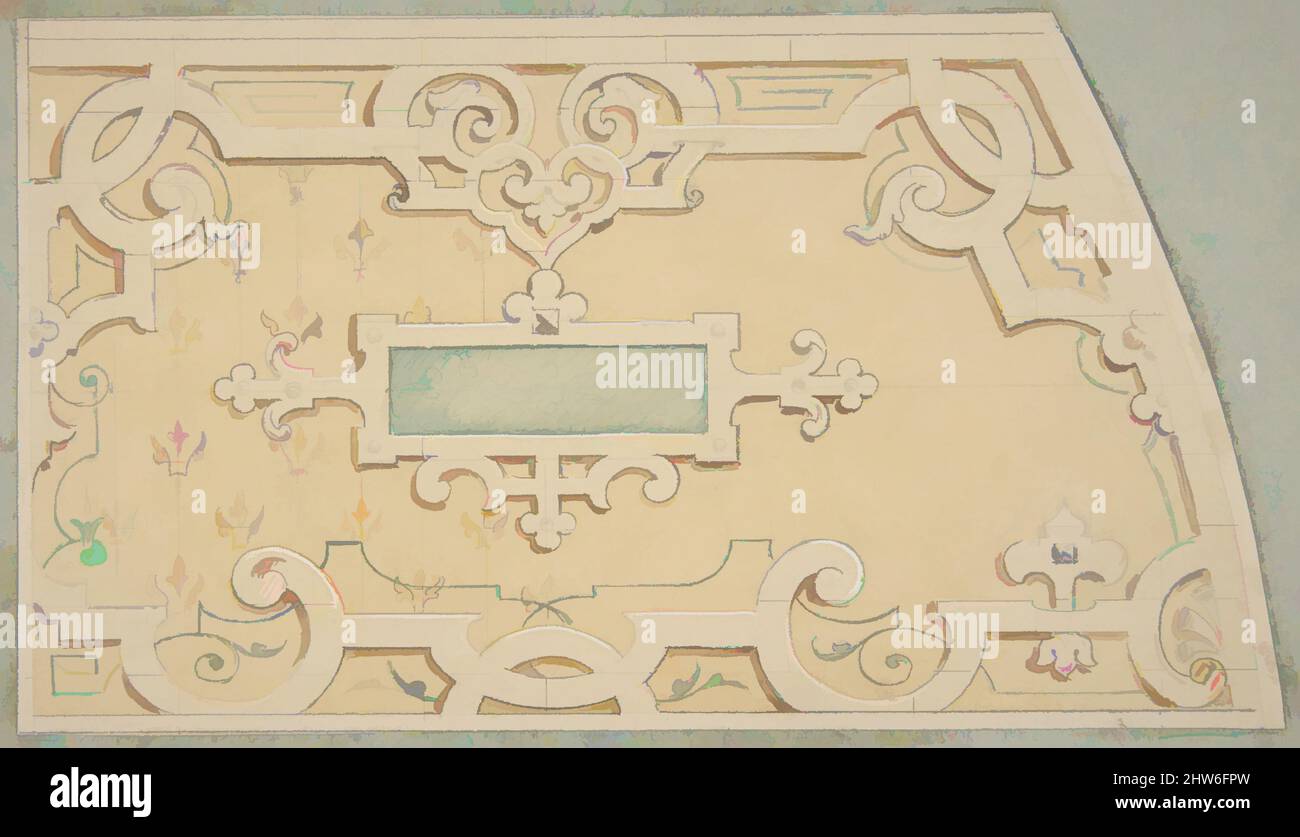 Kunst inspiriert von Design für die Dekoration der Treppe im Chateau d'Ognon von M. de Machy (Oise, Frankreich), zweite Hälfte des 19.. Jahrhunderts, Graphit und Aquarell mit Weiß auf Gewebspapier verstärkt; in blauem Gewebspapier eingelegt, Blatt: 5 1/16 x 8 15/16 Zoll (12,8 x 22,7 cm), Zeichnungen, Klassische Werke, die von Artotop mit einem Schuss Moderne modernisiert wurden. Formen, Farbe und Wert, auffällige visuelle Wirkung auf Kunst. Emotionen durch Freiheit von Kunstwerken auf zeitgemäße Weise. Eine zeitlose Botschaft, die eine wild kreative neue Richtung verfolgt. Künstler, die sich dem digitalen Medium zuwenden und die Artotop NFT erschaffen Stockfoto