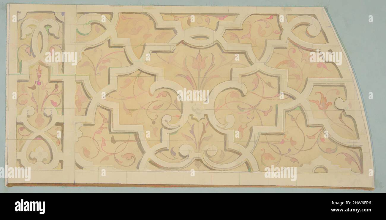 Kunst inspiriert von Design für die Dekoration der Treppe im Chateau d'Ognon von M. de Machy (Oise, Frankreich), zweite Hälfte des 19.. Jahrhunderts, Graphit und Aquarell, mit Weiß auf Gewebspapier verstärkt; in blauem Gewebspapier eingelegt, Blatt: 5 3/8 x 10 3/4 Zoll (13,6 x 27,3 cm), Zeichnungen, Jules, Klassische Werke, die von Artotop mit einem Schuss Moderne modernisiert wurden. Formen, Farbe und Wert, auffällige visuelle Wirkung auf Kunst. Emotionen durch Freiheit von Kunstwerken auf zeitgemäße Weise. Eine zeitlose Botschaft, die eine wild kreative neue Richtung verfolgt. Künstler, die sich dem digitalen Medium zuwenden und die Artotop NFT erschaffen Stockfoto