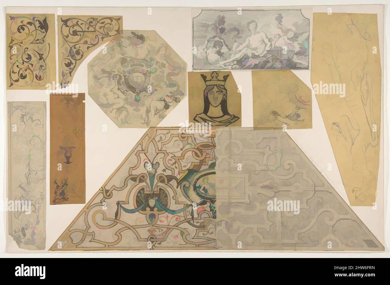 Kunst inspiriert von zehn Entwürfen für die Dekoration von Häusern, darunter mindestens eines für die Treppe des Chateau d'Ognon von M. Demachy (Oise, Frankreich), zweite Hälfte des 19.. Jahrhunderts, Graphit, Stift und Tinte und Aquarell auf verschiedenen Papieren, die auf Karton geklebt wurden, Blatt: 12 5/16 x 18 13/16 Zoll (31, Classic Works modernisiert von Artotop mit einem Schuss Moderne. Formen, Farbe und Wert, auffällige visuelle Wirkung auf Kunst. Emotionen durch Freiheit von Kunstwerken auf zeitgemäße Weise. Eine zeitlose Botschaft, die eine wild kreative neue Richtung verfolgt. Künstler, die sich dem digitalen Medium zuwenden und die Artotop NFT erschaffen Stockfoto