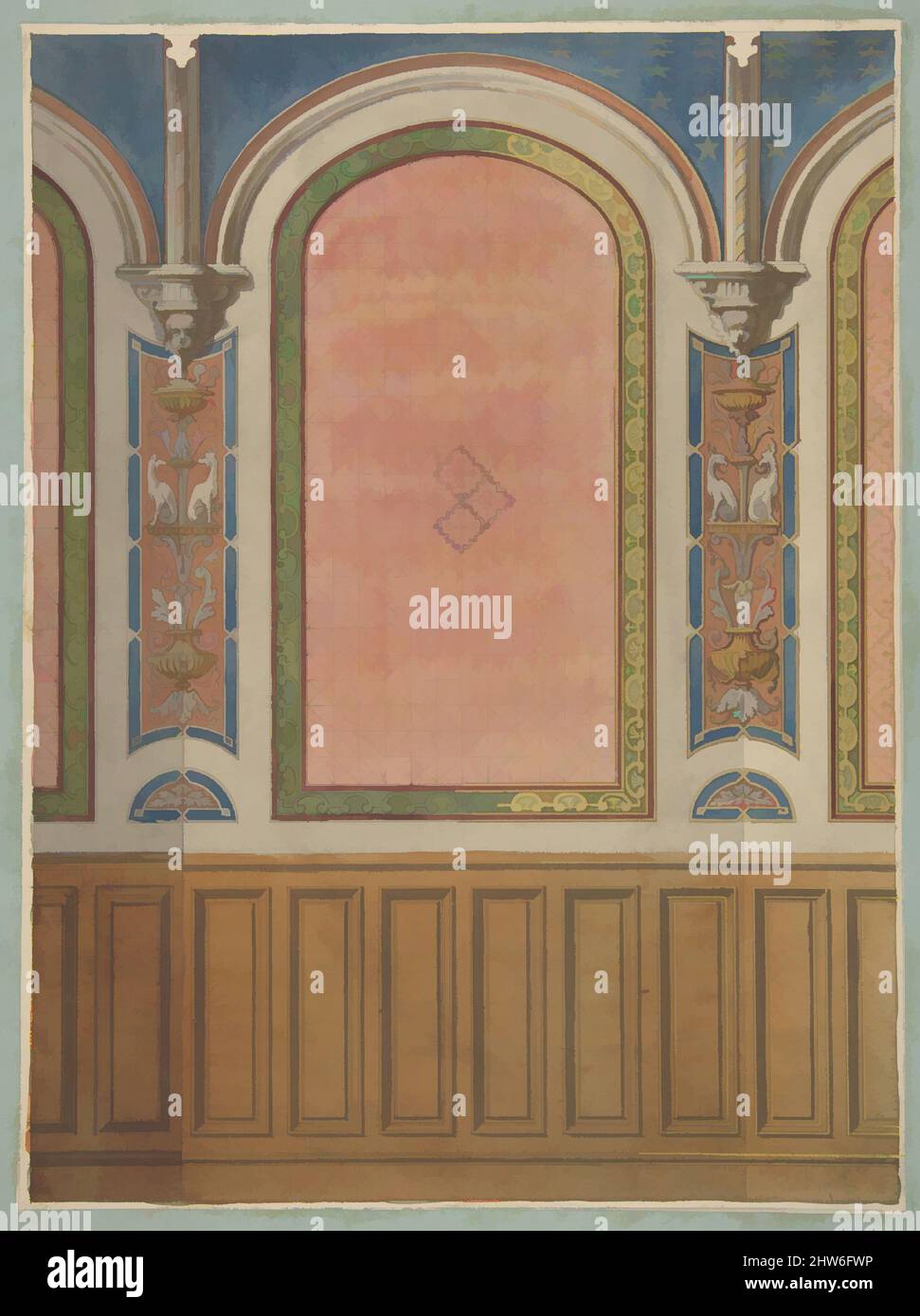 Kunst inspiriert von Design für die Dekoration der Wand mit Holzplatten und gewölbten Buchten, zweite Hälfte 19. Jahrhundert, Graphit, Stift und Tinte, Aquarell, Gouache, Und Goldfarbe, Blech: 11 7/8 x 8 13/16 Zoll (30,2 x 22,4 cm), Zeichnungen, Jules-Edmond-Charles Lachaise (französisch, gestorben 1897), Eugène-, Klassische Werke, die von Artotop mit einem Hauch von Moderne modernisiert wurden. Formen, Farbe und Wert, auffällige visuelle Wirkung auf Kunst. Emotionen durch Freiheit von Kunstwerken auf zeitgemäße Weise. Eine zeitlose Botschaft, die eine wild kreative neue Richtung verfolgt. Künstler, die sich dem digitalen Medium zuwenden und die Artotop NFT erschaffen Stockfoto