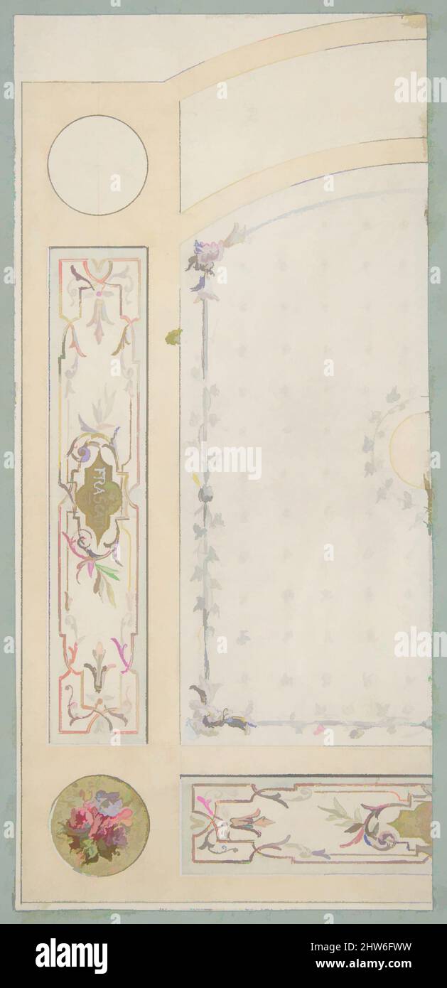 Von Design inspirierte Kunst für die gemalte Dekoration von Wand- oder Deckenplatten, einschließlich des Wortes „Frascati“, zweite Hälfte des 19.. Jahrhunderts, Stift und Tinte, Aquarell und Goldfarbe, Blatt: 8 3/4 x 4 1/8 Zoll (22,2 x 10,5 cm), Zeichnungen, Jules-Edmond-Charles Lachaise (französisch, gestorben 1897), Eugène-, Klassische Werke, die von Artotop mit einem Hauch von Moderne modernisiert wurden. Formen, Farbe und Wert, auffällige visuelle Wirkung auf Kunst. Emotionen durch Freiheit von Kunstwerken auf zeitgemäße Weise. Eine zeitlose Botschaft, die eine wild kreative neue Richtung verfolgt. Künstler, die sich dem digitalen Medium zuwenden und die Artotop NFT erschaffen Stockfoto