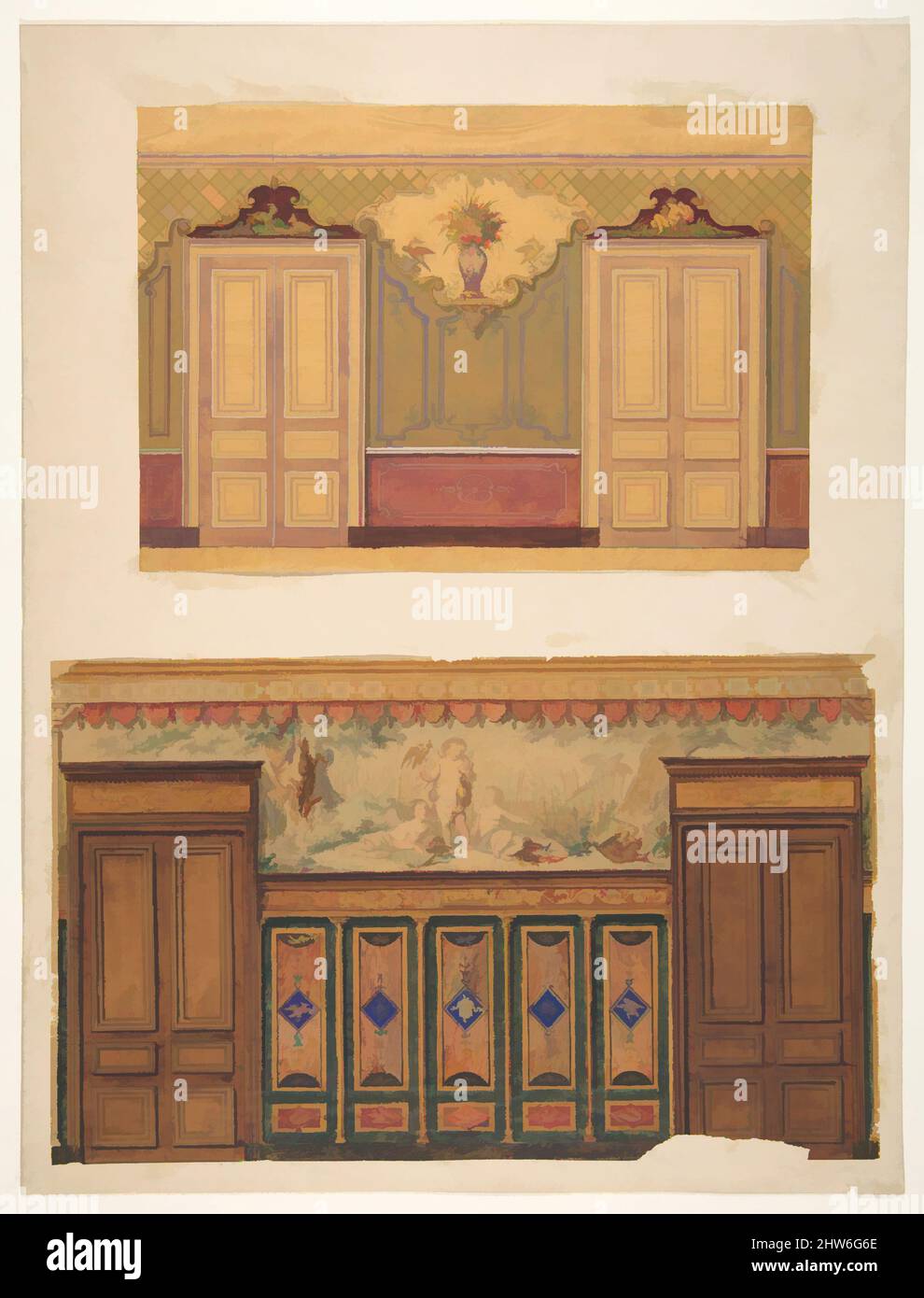Kunst inspiriert von zwei Entwürfen für die Dekoration von Wänden, durchbohrt von Doppeltüren, 1830–97, Graphit und Aquarell auf Pauspapier; montiert auf schwerem Wove-Papier, insgesamt: 11 7/8 x 9 Zoll (30,2 x 22,8 cm), Zeichnungen, Jules-Edmond-Charles Lachaise (französisch, gestorben 1897), Eugène-Pierre, Klassische Werke, die von Artotop mit einem Hauch von Moderne modernisiert wurden. Formen, Farbe und Wert, auffällige visuelle Wirkung auf Kunst. Emotionen durch Freiheit von Kunstwerken auf zeitgemäße Weise. Eine zeitlose Botschaft, die eine wild kreative neue Richtung verfolgt. Künstler, die sich dem digitalen Medium zuwenden und die Artotop NFT erschaffen Stockfoto