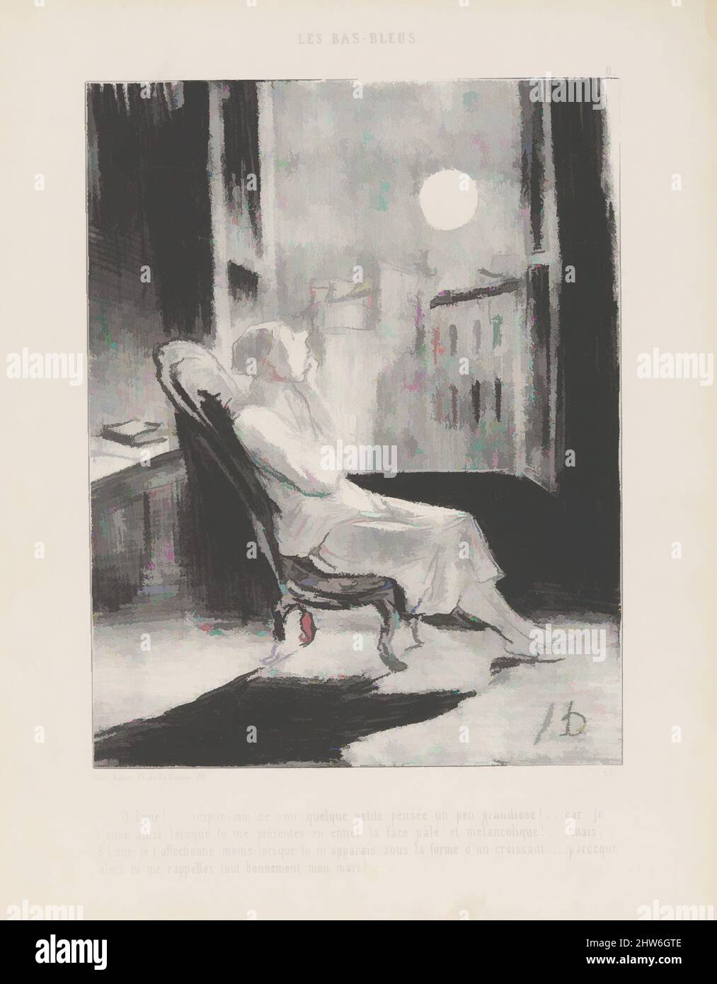 Kunst inspiriert von O Lune!...Inspire-moi ce soir quelque petite pensée..., aus Les Bas-Bleus, veröffentlicht in Le Charivari, 28. Februar 1844, 28. Februar 1844, Lithographie; dritter Zustand von drei (Delteil), Blatt: 12 13/16 × 9 15/16 Zoll (32,5 × 25,2 cm), Drucke, Honoré Daumier (Französisch, Klassische Werke, die von Artotop mit einem Schuss Modernität modernisiert wurden. Formen, Farbe und Wert, auffällige visuelle Wirkung auf Kunst. Emotionen durch Freiheit von Kunstwerken auf zeitgemäße Weise. Eine zeitlose Botschaft, die eine wild kreative neue Richtung verfolgt. Künstler, die sich dem digitalen Medium zuwenden und die Artotop NFT erschaffen Stockfoto