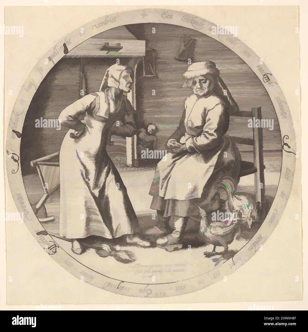 Kunst inspiriert von der schimpfenden Frau und der kakelnden Hen, ca. 1568, Gravieren, Plattendurchmesser: 7 1/16 Zoll (18 cm), Drucke, nach Pieter Bruegel dem Älteren (Niederländisch, Breda (?) Ca. 1525–1569 Brüssel), Jan (Johannes) Wierix (Niederländisch, Antwerpen 1549–1615 Brüssel, Klassische Werke, die von Artotop mit einem Schuss Moderne modernisiert wurden. Formen, Farbe und Wert, auffällige visuelle Wirkung auf Kunst. Emotionen durch Freiheit von Kunstwerken auf zeitgemäße Weise. Eine zeitlose Botschaft, die eine wild kreative neue Richtung verfolgt. Künstler, die sich dem digitalen Medium zuwenden und die Artotop NFT erschaffen Stockfoto