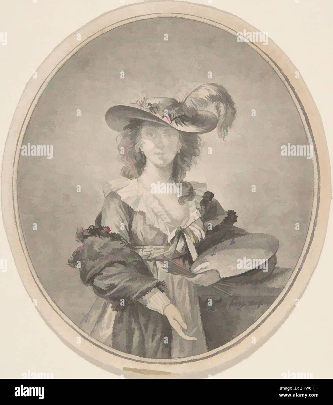 Kunst inspiriert von Portrait of Vigée-Lebrun, Radierung, Bild: 3 1/4 x 2 13/16 Zoll (8,2 x 7,2 cm), oval, Drucke, Jean Philippe Guy Le Gentil, comte de Paroy (Französisch, 1750–1824), After Élisabeth Louise Vigée Le Brun (Französisch, Paris 1755–1842 Paris, Klassische Werke, die von Artotop mit einem Schuss Moderne modernisiert wurden. Formen, Farbe und Wert, auffällige visuelle Wirkung auf Kunst. Emotionen durch Freiheit von Kunstwerken auf zeitgemäße Weise. Eine zeitlose Botschaft, die eine wild kreative neue Richtung verfolgt. Künstler, die sich dem digitalen Medium zuwenden und die Artotop NFT erschaffen Stockfoto