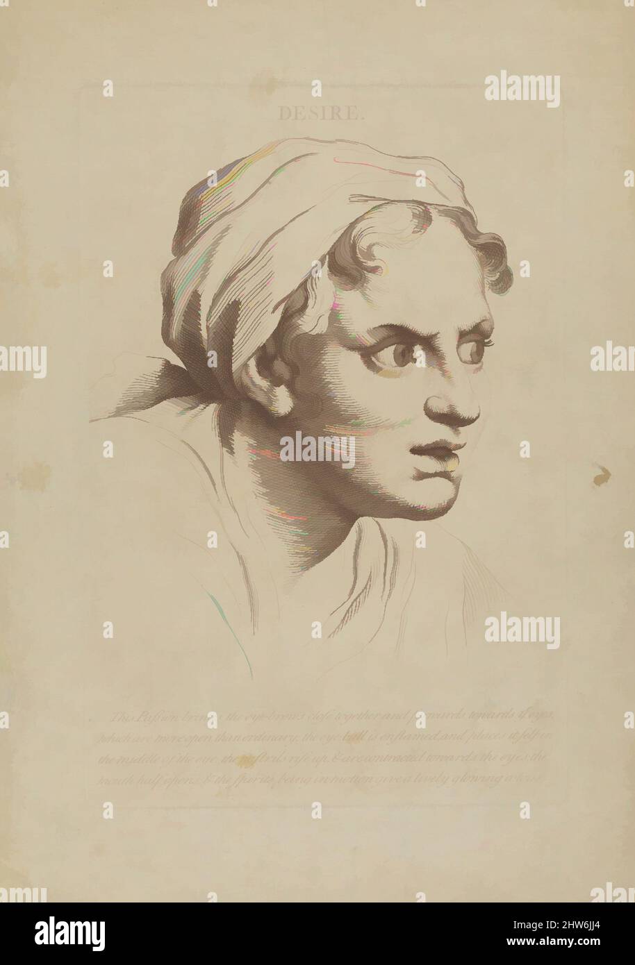 Kunst inspiriert von Begierde (von Köpfen, die die verschiedenen Leidenschaften der Seele darstellen; wie sie im menschlichen Antlitz ausgedrückt werden: Gezeichnet von dem großen Meister Monsieur Le Brun), 1765, Gravur mit Radierung, Platte: 11 1/4 x 7 1/4 Zoll (28,6 x 18,4 cm), Drucke, After Charles Le Brun (, Klassisches Werk, modernisiert von Artotop mit einem Schuss Moderne. Formen, Farbe und Wert, auffällige visuelle Wirkung auf Kunst. Emotionen durch Freiheit von Kunstwerken auf zeitgemäße Weise. Eine zeitlose Botschaft, die eine wild kreative neue Richtung verfolgt. Künstler, die sich dem digitalen Medium zuwenden und die Artotop NFT erschaffen Stockfoto