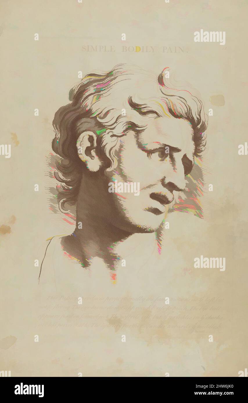 Kunst inspiriert von einfachen körperlichen Schmerzen (von Köpfen, die die verschiedenen Leidenschaften der Seele darstellen; wie sie in der menschlichen Gestalt ausgedrückt werden: Gezeichnet von dem großen Meister Monsieur Le Brun), 1765, Gravur mit Radierung, Platte: 11 1/4 x 7 1/4 Zoll (28,6 x 18,4 cm), Drucke, nach Charles Le, Klassisches Werk, modernisiert von Artotop mit einem Schuss Moderne. Formen, Farbe und Wert, auffällige visuelle Wirkung auf Kunst. Emotionen durch Freiheit von Kunstwerken auf zeitgemäße Weise. Eine zeitlose Botschaft, die eine wild kreative neue Richtung verfolgt. Künstler, die sich dem digitalen Medium zuwenden und die Artotop NFT erschaffen Stockfoto