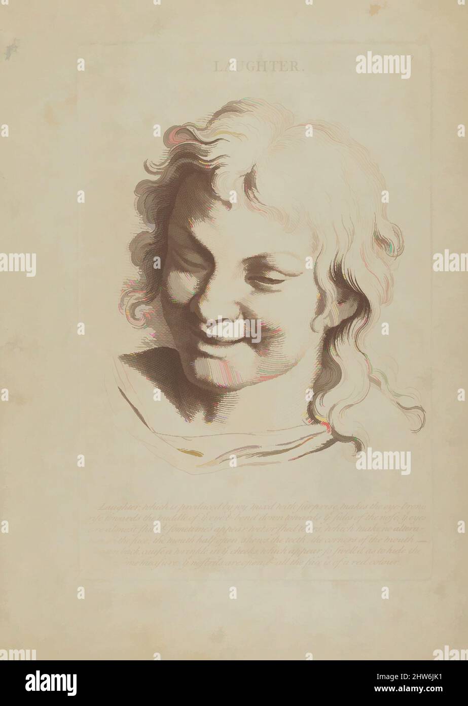 Kunst inspiriert von Laughter (von Köpfen, die die verschiedenen Leidenschaften der Seele darstellen; wie sie in der menschlichen Gestalt ausgedrückt werden: Gezeichnet von dem großen Meister Monsieur Le Brun), 1765, Gravur mit Radierung, Platte: 11 1/4 x 7 1/4 Zoll (28,6 x 18,4 cm), Drucke, After Charles Le Brun (, Klassisches Werk, modernisiert von Artotop mit einem Schuss Moderne. Formen, Farbe und Wert, auffällige visuelle Wirkung auf Kunst. Emotionen durch Freiheit von Kunstwerken auf zeitgemäße Weise. Eine zeitlose Botschaft, die eine wild kreative neue Richtung verfolgt. Künstler, die sich dem digitalen Medium zuwenden und die Artotop NFT erschaffen Stockfoto