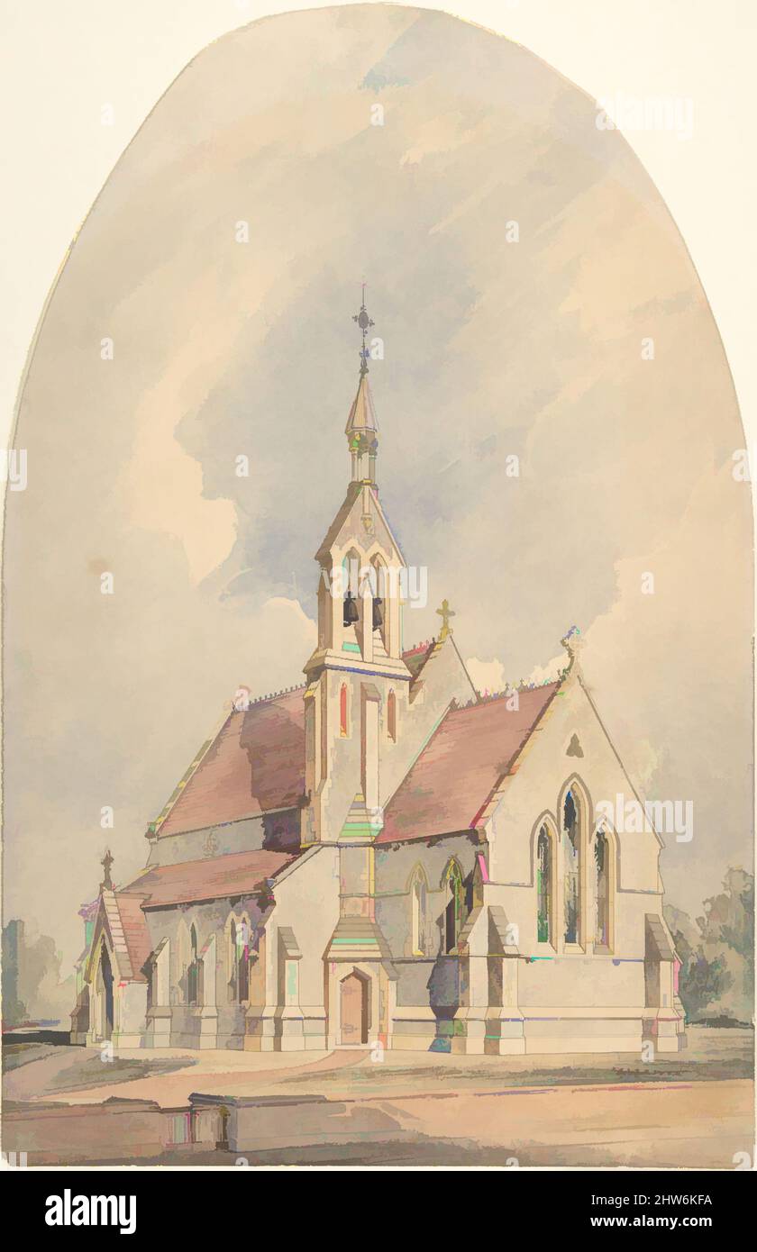 Von der Architektur inspirierte Kunst Darstellung einer neugotischen Kirche, 1850–70, Aquarell, Blatt, Oval oben: 13 1/8 x 8 1/2 Zoll (33,3 x 21,6 cm), Anonymous, British, 19. Century, Klassische Werke, die von Artotop mit einem Schuss Moderne modernisiert wurden. Formen, Farbe und Wert, auffällige visuelle Wirkung auf Kunst. Emotionen durch Freiheit von Kunstwerken auf zeitgemäße Weise. Eine zeitlose Botschaft, die eine wild kreative neue Richtung verfolgt. Künstler, die sich dem digitalen Medium zuwenden und die Artotop NFT erschaffen Stockfoto