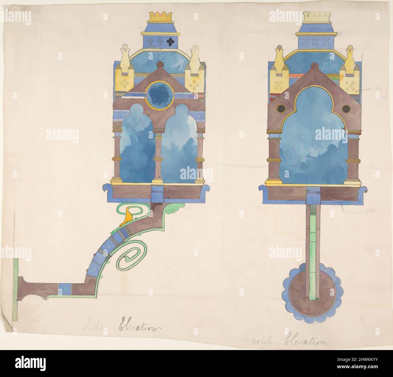 Kunst inspiriert von Design für eine Kirche Wandlaterne, Front- und Seitenaufstellungen, ca. 1880, Stift und Tinte, Wasch- und Aquarell, Blatt: 9 3/4 x 10 7/8 Zoll (24,8 x 27,7 cm), zugeschrieben Richardson Ellson & Co. (Britische, von Artotop modernisierte Classic Works mit einem Schuss Modernität. Formen, Farbe und Wert, auffällige visuelle Wirkung auf Kunst. Emotionen durch Freiheit von Kunstwerken auf zeitgemäße Weise. Eine zeitlose Botschaft, die eine wild kreative neue Richtung verfolgt. Künstler, die sich dem digitalen Medium zuwenden und die Artotop NFT erschaffen Stockfoto