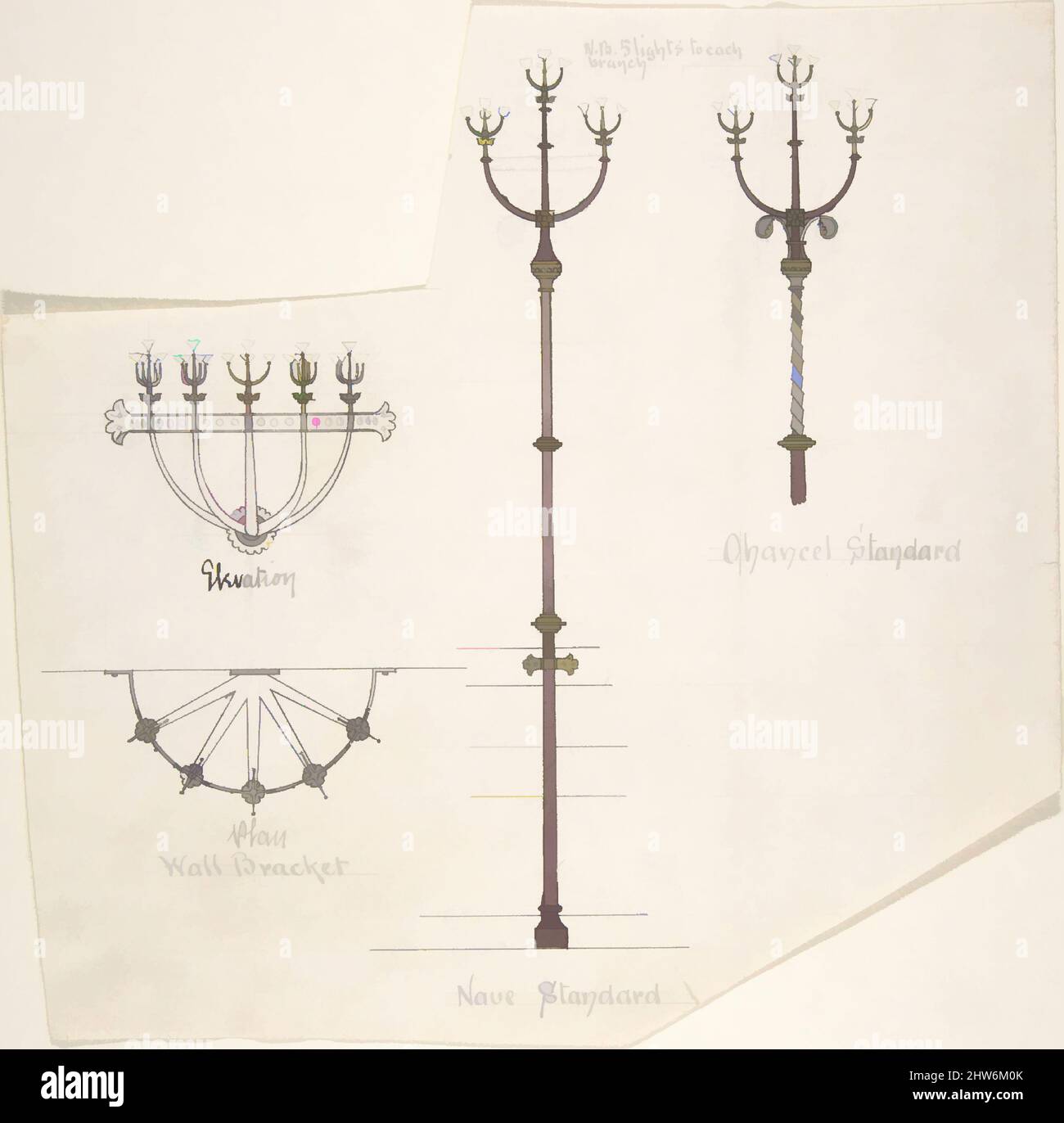 Kunst inspiriert von Entwürfen für Kirchenbeleuchtung: Wandhalterung, Nave Standard, Chor Standard, ca. 1880, Stift und Tinte, Wasch- und Aquarell, irreg. Blatt: 9 1/4 x 9 3/16 Zoll (23,5 x 23,4 cm), Richardson Ellson & Co. (Britisch, Classic Works modernisiert von Artotop mit einem Schuss Modernität. Formen, Farbe und Wert, auffällige visuelle Wirkung auf Kunst. Emotionen durch Freiheit von Kunstwerken auf zeitgemäße Weise. Eine zeitlose Botschaft, die eine wild kreative neue Richtung verfolgt. Künstler, die sich dem digitalen Medium zuwenden und die Artotop NFT erschaffen Stockfoto