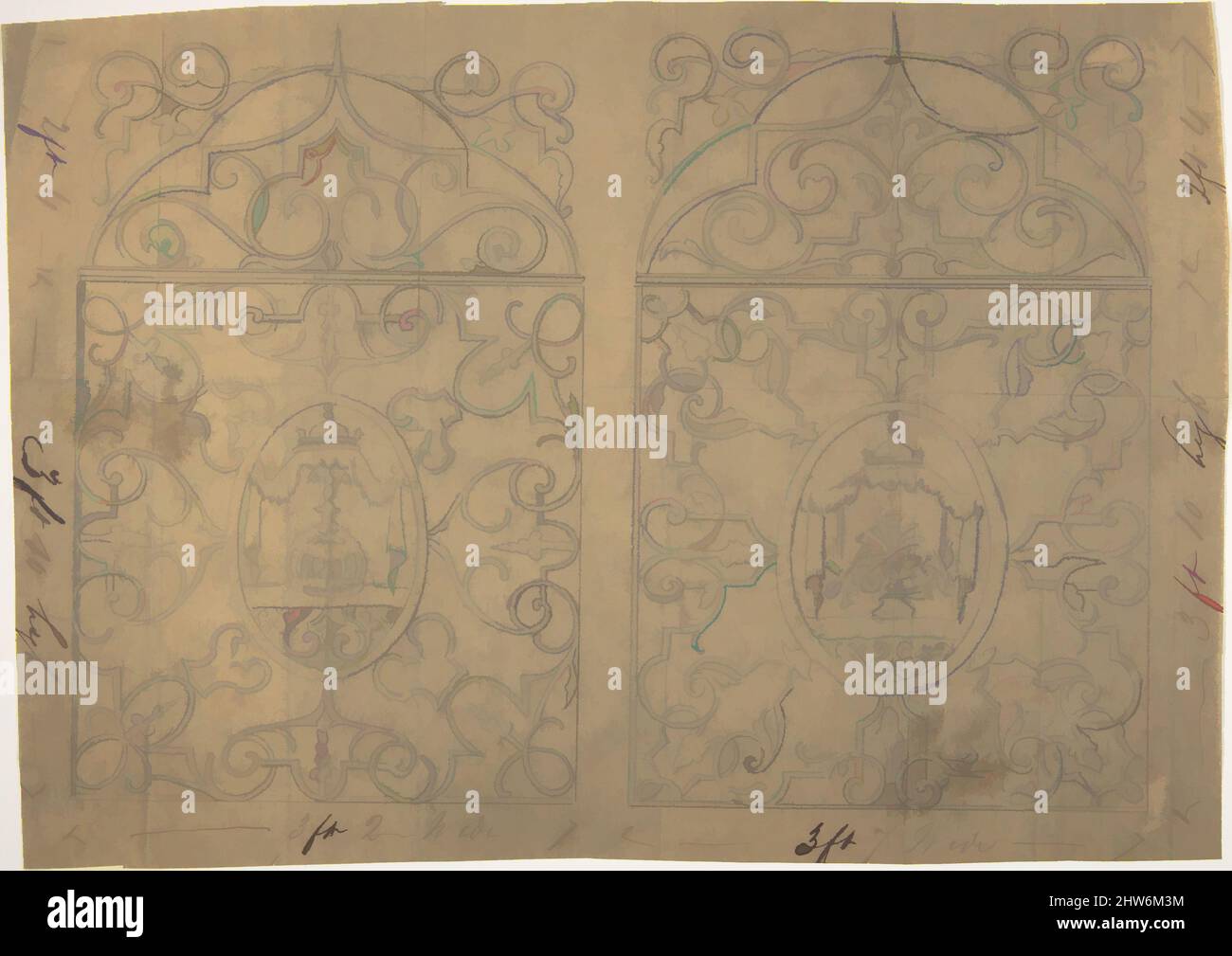 Kunst inspiriert von Ornament-Designs auf zwei Tafeln, die zentralen Kartuschen mit Zelten verziert, ca. 1880, Graphit auf Transparentpapier, Blatt: 9 1/2 x 6 11/16 Zoll (24,2 x 17 cm), Richardson Ellson & Co. (Britisch, Classic Works modernisiert von Artotop mit einem Schuss Modernität. Formen, Farbe und Wert, auffällige visuelle Wirkung auf Kunst. Emotionen durch Freiheit von Kunstwerken auf zeitgemäße Weise. Eine zeitlose Botschaft, die eine wild kreative neue Richtung verfolgt. Künstler, die sich dem digitalen Medium zuwenden und die Artotop NFT erschaffen Stockfoto