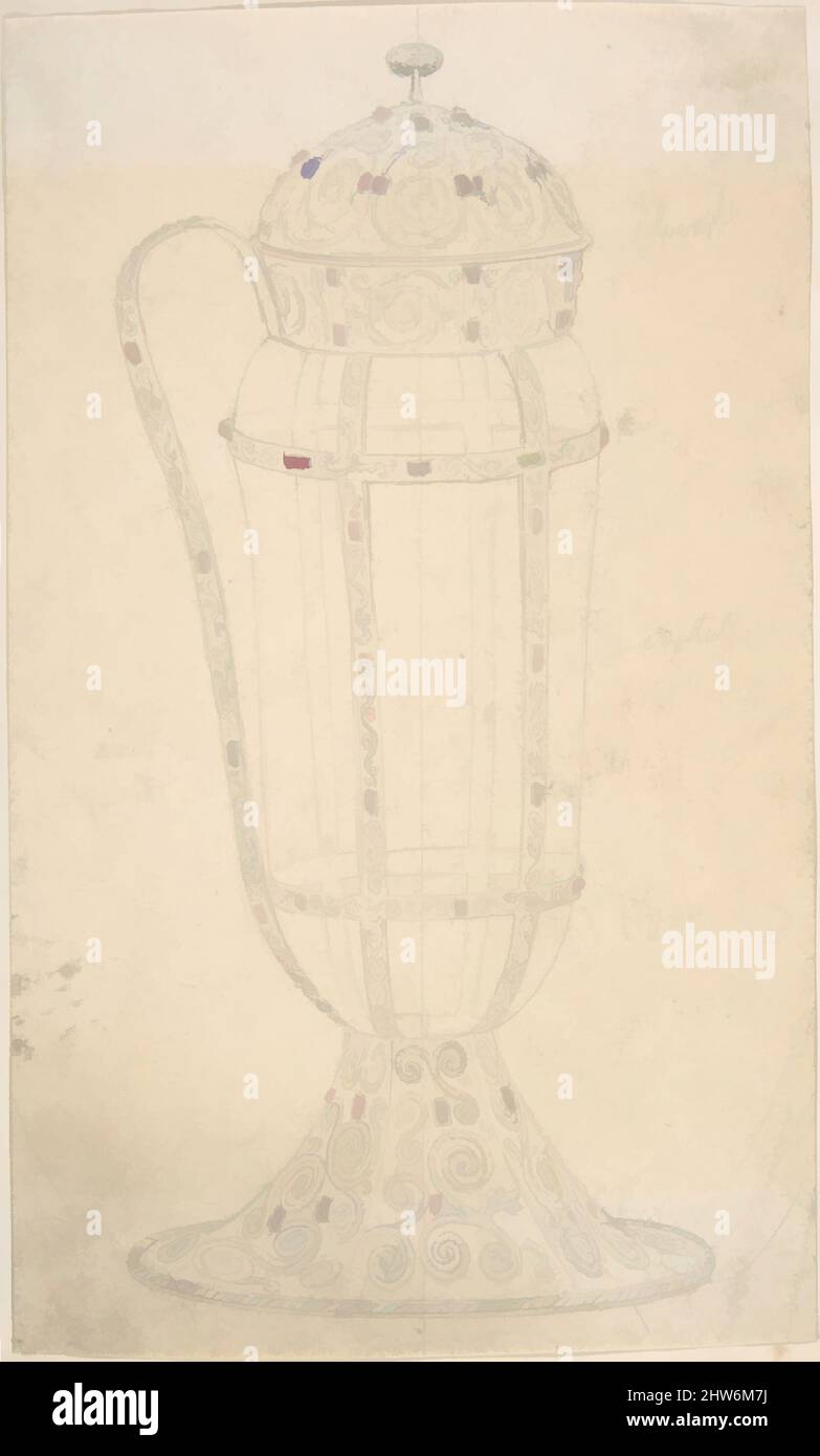 Kunst inspiriert von Kristallgefäß mit verzierten Metalldeckel, Fuß, Griff und Halterungen, zweite Hälfte 19. Jahrhundert, Graphit und Aquarell, Blatt: 6 7/8 x 4 1/8 Zoll (17,4 x 10,5 cm), Anonymous, British, 19. Century, Klassische Werke, die von Artotop mit einem Schuss Moderne modernisiert wurden. Formen, Farbe und Wert, auffällige visuelle Wirkung auf Kunst. Emotionen durch Freiheit von Kunstwerken auf zeitgemäße Weise. Eine zeitlose Botschaft, die eine wild kreative neue Richtung verfolgt. Künstler, die sich dem digitalen Medium zuwenden und die Artotop NFT erschaffen Stockfoto