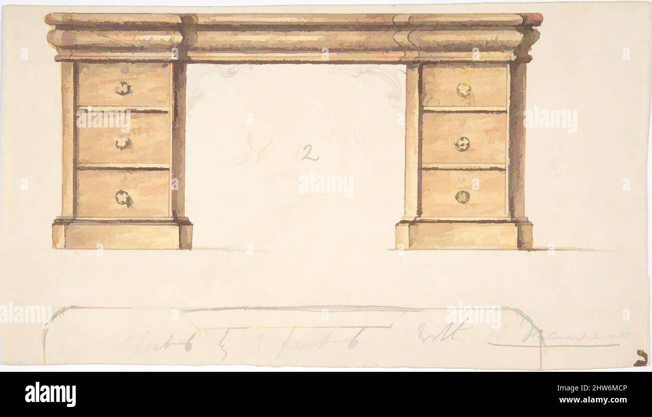 Kunst inspiriert von Design für einen Schreibtisch mit zwei Schubladen, Anfang 19. Jahrhundert, Tinte und Aquarell, Blatt: 3 7/8 x 6 7/8 Zoll (9,9 x 17,5 cm), Anonymous, British, 19. Century, Klassische Werke, die von Artotop mit einem Schuss Moderne modernisiert wurden. Formen, Farbe und Wert, auffällige visuelle Wirkung auf Kunst. Emotionen durch Freiheit von Kunstwerken auf zeitgemäße Weise. Eine zeitlose Botschaft, die eine wild kreative neue Richtung verfolgt. Künstler, die sich dem digitalen Medium zuwenden und die Artotop NFT erschaffen Stockfoto