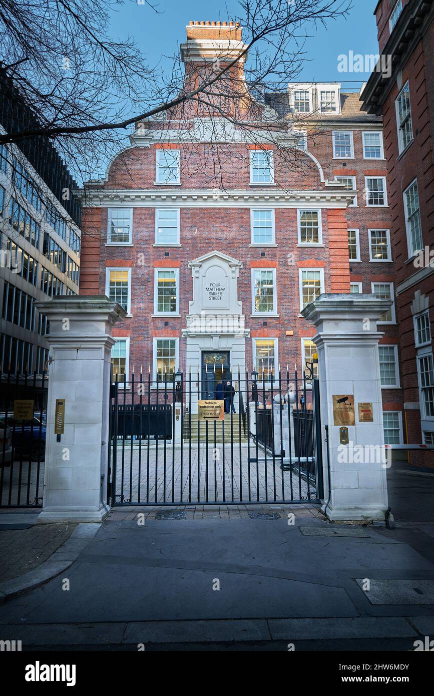 Konservative politische Parteizentrale (Zentralstelle), Four Matthew Parker Street, Westminster, London, England. Stockfoto