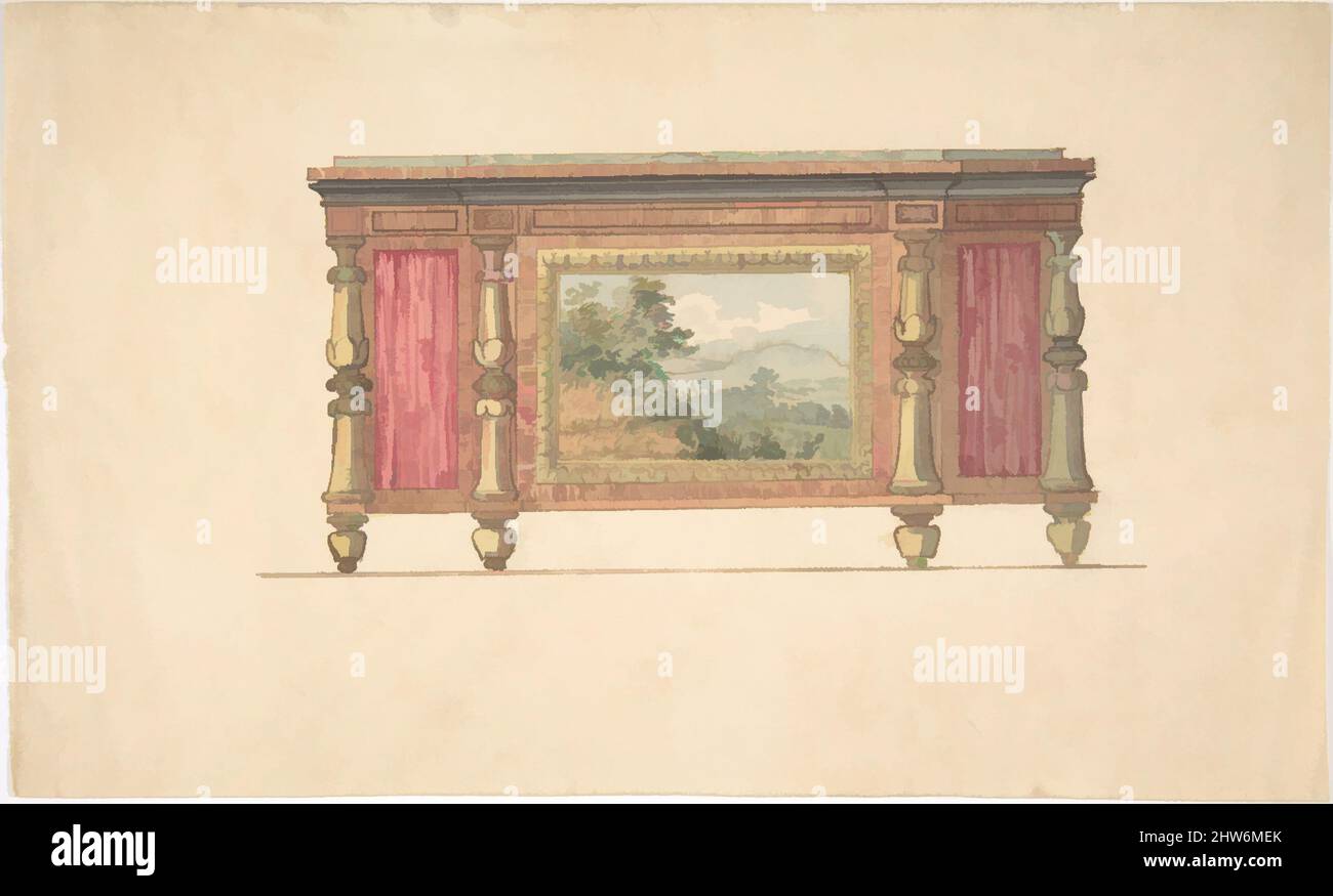 Art Inspired by Design for Sideboard with Inset Landscape, Early 19. Century, Tinte und Aquarell, Blatt: 5 5/16 x 8 15/16 Zoll (13,5 x 22,7 cm), Anonymous, British, 19. Century, Klassische Werke, die von Artotop mit einem Schuss Moderne modernisiert wurden. Formen, Farbe und Wert, auffällige visuelle Wirkung auf Kunst. Emotionen durch Freiheit von Kunstwerken auf zeitgemäße Weise. Eine zeitlose Botschaft, die eine wild kreative neue Richtung verfolgt. Künstler, die sich dem digitalen Medium zuwenden und die Artotop NFT erschaffen Stockfoto