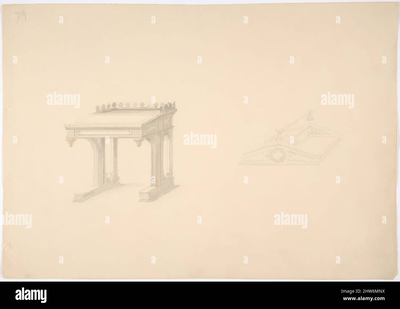 Art Inspired by Design for a Gothic Desk and Tray, Early 19. Century, Graphite, Blatt: 8 11/16 x 12 5/16 Zoll (22 x 31,2 cm), Anonymous, British, 19. Century, Klassische Werke, die von Artotop mit einem Schuss Moderne modernisiert wurden. Formen, Farbe und Wert, auffällige visuelle Wirkung auf Kunst. Emotionen durch Freiheit von Kunstwerken auf zeitgemäße Weise. Eine zeitlose Botschaft, die eine wild kreative neue Richtung verfolgt. Künstler, die sich dem digitalen Medium zuwenden und die Artotop NFT erschaffen Stockfoto