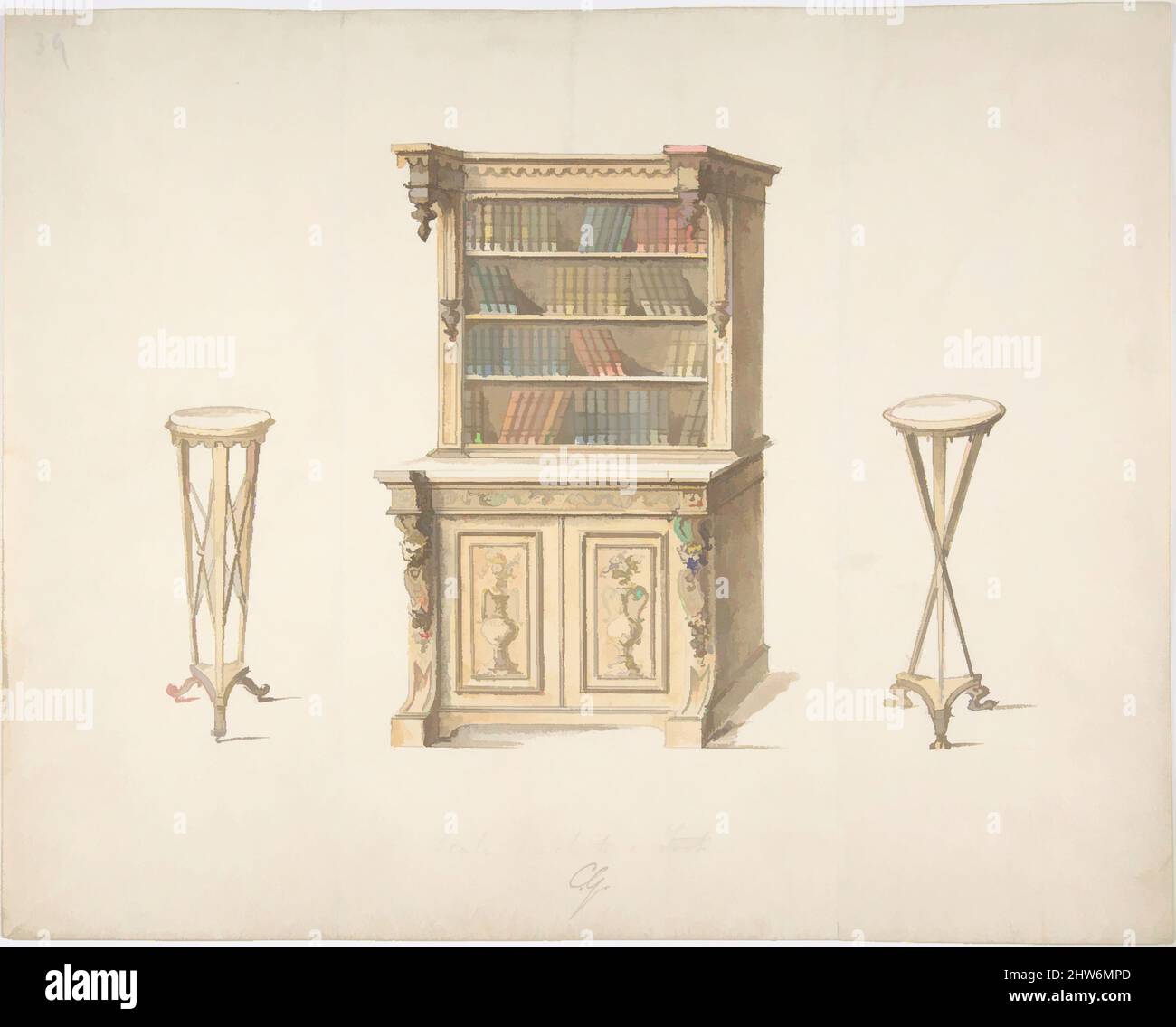 Art Inspired by Design for a Bookcabinet and two Sockels, early 19. Century, Ink and Wash and Graphite, Sheet: 9 1/2 x 11 15/16 in. (24,2 x 30,4 cm), Anonymous, British, 19. Century, Klassische Werke, die von Artotop mit einem Schuss Moderne modernisiert wurden. Formen, Farbe und Wert, auffällige visuelle Wirkung auf Kunst. Emotionen durch Freiheit von Kunstwerken auf zeitgemäße Weise. Eine zeitlose Botschaft, die eine wild kreative neue Richtung verfolgt. Künstler, die sich dem digitalen Medium zuwenden und die Artotop NFT erschaffen Stockfoto