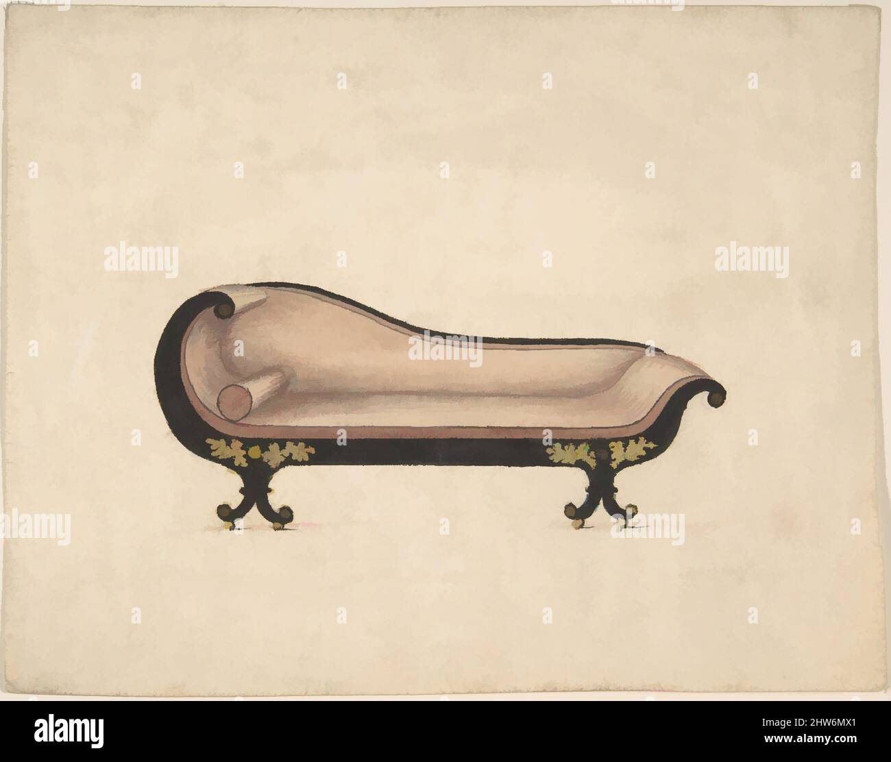 Kunst inspiriert von Design für ein Sofa auf Rollen, ca. 1820, Tinte und Gouache, Blatt: 5 1/16 x 6 7/16 Zoll (12,9 x 16,4 cm), Gillows zugeschrieben (britisch, 19. Jahrhundert, Klassische Werke, die von Artotop mit einem Schuss Moderne modernisiert wurden. Formen, Farbe und Wert, auffällige visuelle Wirkung auf Kunst. Emotionen durch Freiheit von Kunstwerken auf zeitgemäße Weise. Eine zeitlose Botschaft, die eine wild kreative neue Richtung verfolgt. Künstler, die sich dem digitalen Medium zuwenden und die Artotop NFT erschaffen Stockfoto