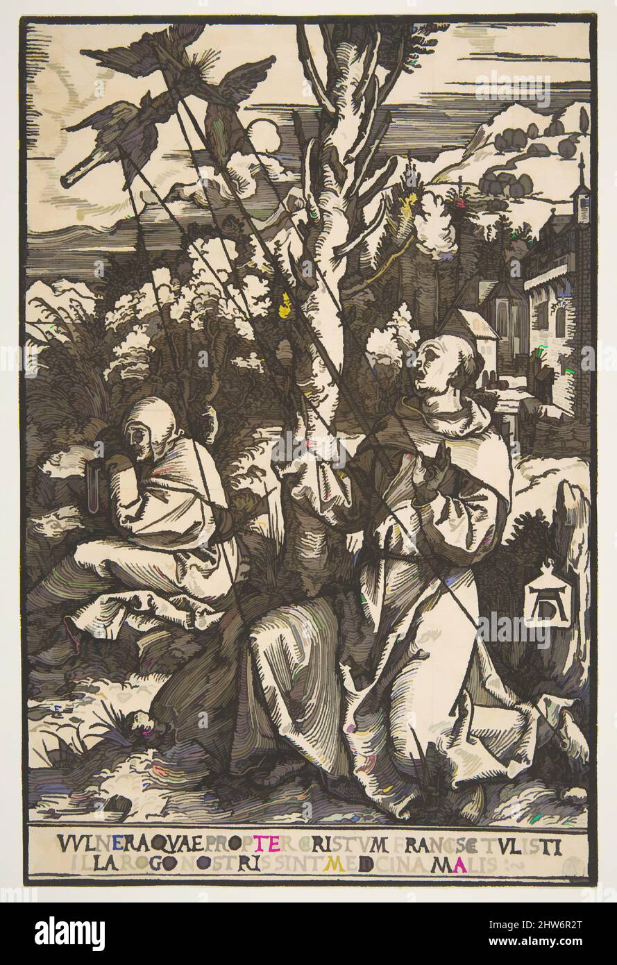 Kunst inspiriert von St. Francis Empfangen der Stigmata, ca. 1503, Holzschnitt, Blatt: 8 11/16 x 5 3/4 Zoll (22 x 14,6 cm), Drucke, Albrecht Dürer (deutsch, Nürnberg 1471–1528 Nürnberg, Klassische Werke, die von Artotop mit einem Schuss Moderne modernisiert wurden. Formen, Farbe und Wert, auffällige visuelle Wirkung auf Kunst. Emotionen durch Freiheit von Kunstwerken auf zeitgemäße Weise. Eine zeitlose Botschaft, die eine wild kreative neue Richtung verfolgt. Künstler, die sich dem digitalen Medium zuwenden und die Artotop NFT erschaffen Stockfoto