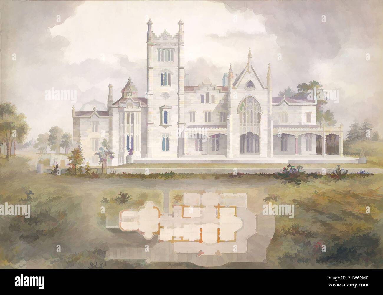 Von Lyndhurst inspirierte Kunst für George Merritt, Tarrytown, New York (westliche hintere Höhe und Plan), 1865, Aquarell, Tinte und Graphit auf Papier, Blatt: 18 7/8 x 26 5/8 Zoll (47,9 x 67,6 cm), Alexander Jackson Davis (Amerikaner, New York 1803–1892 West Orange, New Jersey), 1864, Davis, Klassische Werke, die von Artotop mit einem Schuss Moderne modernisiert wurden. Formen, Farbe und Wert, auffällige visuelle Wirkung auf Kunst. Emotionen durch Freiheit von Kunstwerken auf zeitgemäße Weise. Eine zeitlose Botschaft, die eine wild kreative neue Richtung verfolgt. Künstler, die sich dem digitalen Medium zuwenden und die Artotop NFT erschaffen Stockfoto