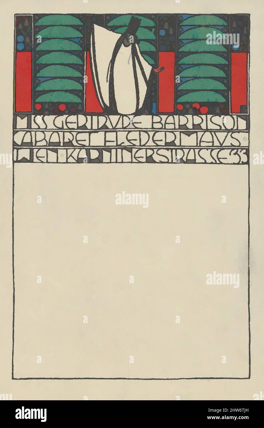 Kunst inspiriert von Miss Gertrude Barrison, Cabaret Fledermaus, Wien Kärntnerstr. 33, 1907, Farblithographie, Blatt: 5 9/16 x 3 7/16 Zoll (14,1 x 8,7 cm), Drucke, Fritz Zeymer (Österreicher, Wien 1886–1940 Wien, Klassische Werke, die von Artotop mit einem Schuss Moderne modernisiert wurden. Formen, Farbe und Wert, auffällige visuelle Wirkung auf Kunst. Emotionen durch Freiheit von Kunstwerken auf zeitgemäße Weise. Eine zeitlose Botschaft, die eine wild kreative neue Richtung verfolgt. Künstler, die sich dem digitalen Medium zuwenden und die Artotop NFT erschaffen Stockfoto