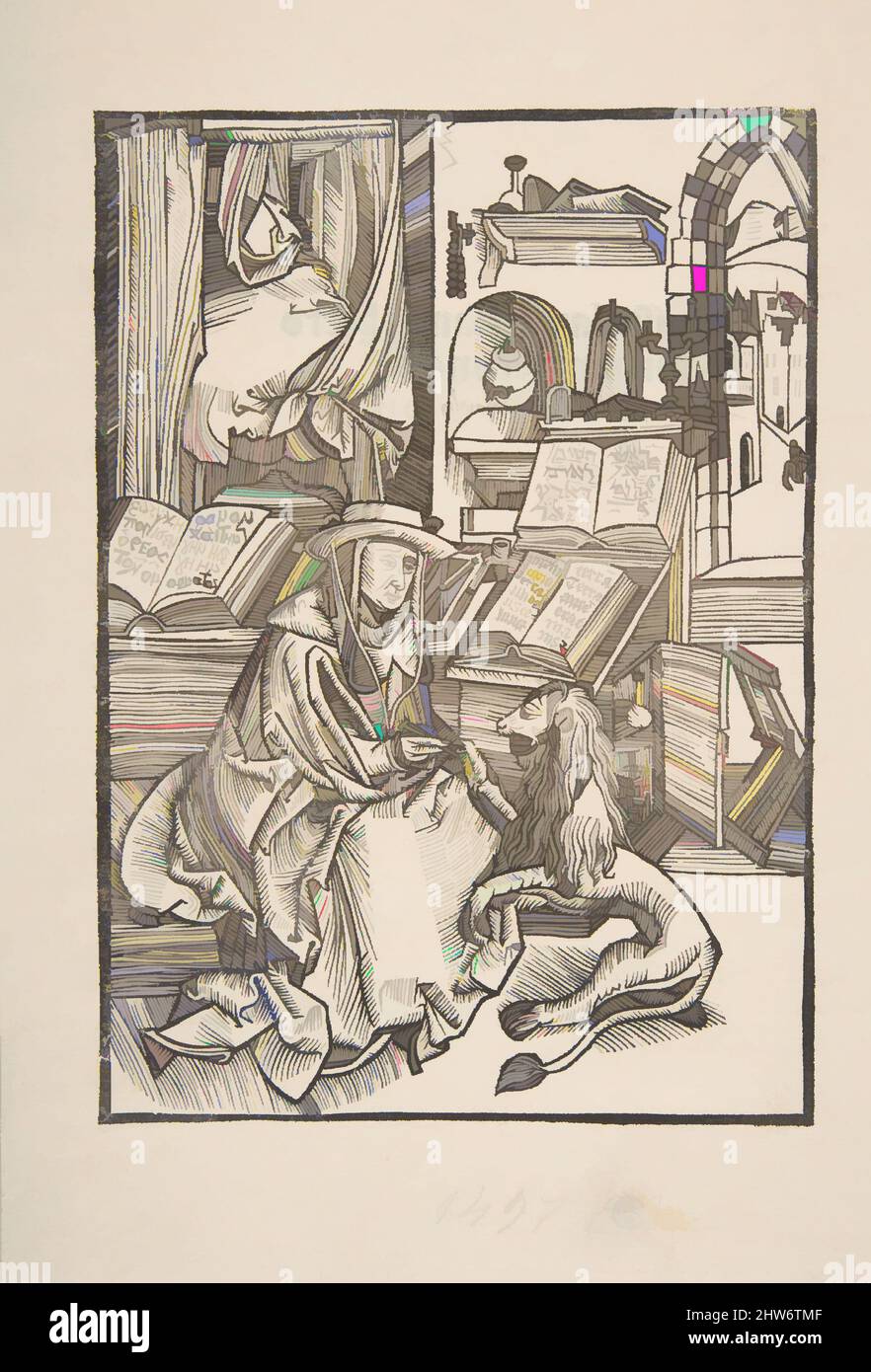 Kunst, inspiriert vom Heiligen Hieronymus, die einen Thorn vom Löwenfuß entzieht (Kopie), n.d., Holzschnitt, Blatt: 9 7/8 x 6 5/8 Zoll (25,1 x 16,8 cm), Drucke, nach Albrecht Dürer (deutsch, Nürnberg 1471–1528 Nürnberg, Klassische Werke, die von Artotop mit einem Schuss Moderne modernisiert wurden. Formen, Farbe und Wert, auffällige visuelle Wirkung auf Kunst. Emotionen durch Freiheit von Kunstwerken auf zeitgemäße Weise. Eine zeitlose Botschaft, die eine wild kreative neue Richtung verfolgt. Künstler, die sich dem digitalen Medium zuwenden und die Artotop NFT erschaffen Stockfoto