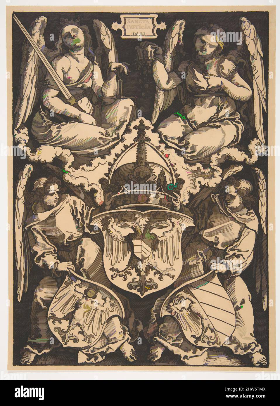 Kunst inspiriert vom Wappen des Heiligen Römischen Reiches und der Stadt Nürnberg, n.d., Holzschnitt, Drucke, Albrecht Dürer Nürnberg 1471–1528 Nürnberg, Klassisches von Artotop modernisiertes Werk mit einem Schuss Moderne. Formen, Farbe und Wert, auffällige visuelle Wirkung auf Kunst. Emotionen durch Freiheit von Kunstwerken auf zeitgemäße Weise. Eine zeitlose Botschaft, die eine wild kreative neue Richtung verfolgt. Künstler, die sich dem digitalen Medium zuwenden und die Artotop NFT erschaffen Stockfoto