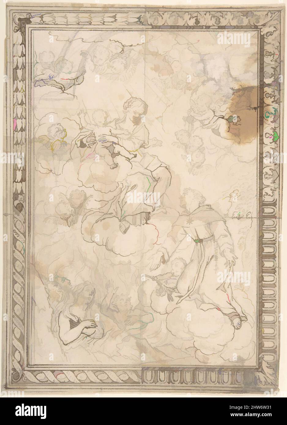 Kunst, inspiriert von Knien der Heiligen und Verlorenen Seelen vor der Madonna mit Kind, mit vier alternativen Bordüren, 17.. Jahrhundert, Stift und brauner Tinte, über Graphitunterzeichnung, Blatt: 12 3/8 x 9 Zoll (31,5 x 22,8 cm), Zeichnungen, Anonym, italienisch, 17. Jahrhundert, Klassische Werke, die von Artotop mit einem Hauch von Moderne modernisiert wurden. Formen, Farbe und Wert, auffällige visuelle Wirkung auf Kunst. Emotionen durch Freiheit von Kunstwerken auf zeitgemäße Weise. Eine zeitlose Botschaft, die eine wild kreative neue Richtung verfolgt. Künstler, die sich dem digitalen Medium zuwenden und die Artotop NFT erschaffen Stockfoto