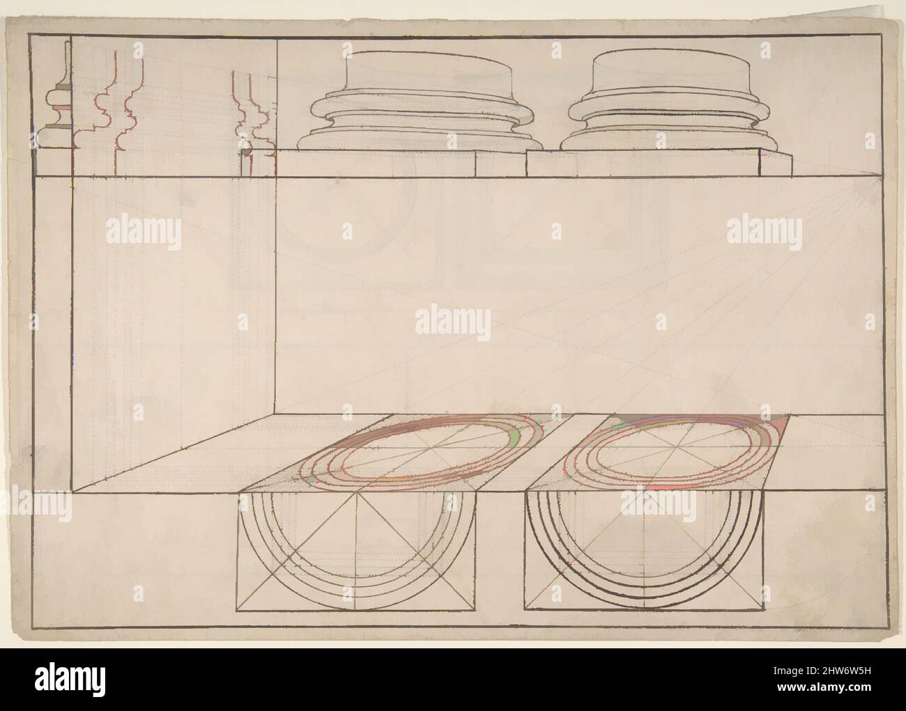 Kunst inspiriert von der Architekturperspektive Studie mit zwei Säulenbasen (Recto); Architekturperspektive Studie mit Column Capital und einem Messschlüssel (Verso), 17. Century, Stift und brauner und roter Tinte, über graphit-linierter Konstruktion (recto und verso), Blatt: 8 3/8 x 11 15/16 Zoll, Classic Works modernisiert von Artotop mit einem Schuss Moderne. Formen, Farbe und Wert, auffällige visuelle Wirkung auf Kunst. Emotionen durch Freiheit von Kunstwerken auf zeitgemäße Weise. Eine zeitlose Botschaft, die eine wild kreative neue Richtung verfolgt. Künstler, die sich dem digitalen Medium zuwenden und die Artotop NFT erschaffen Stockfoto