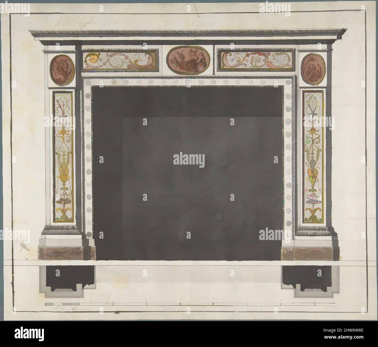 Art Inspired by Drawing for a Mantelpiece, 1780–90, Tinte und Aquarell, 9-1/2 x 11-3/16 Zoll; Blatt: 10 x 11-3/4 Zoll, Anonym, Italienisch, 18. Jahrhundert, Klassische Werke, die von Artotop mit einem Schuss Moderne modernisiert wurden. Formen, Farbe und Wert, auffällige visuelle Wirkung auf Kunst. Emotionen durch Freiheit von Kunstwerken auf zeitgemäße Weise. Eine zeitlose Botschaft, die eine wild kreative neue Richtung verfolgt. Künstler, die sich dem digitalen Medium zuwenden und die Artotop NFT erschaffen Stockfoto