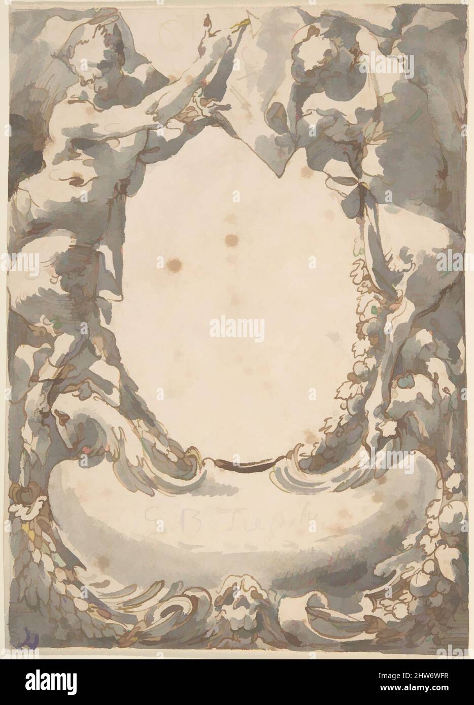 Art Inspired by Design for a Double Cartouche flanked by Satyrs (Frontispice?), 18. Century, Pen and grey wash, 7-3/4 x 5-9/16 in, Anonym, Italienisch, Venetian, 18. Century, Klassische Werke, die von Artotop mit einem Hauch von Moderne modernisiert wurden. Formen, Farbe und Wert, auffällige visuelle Wirkung auf Kunst. Emotionen durch Freiheit von Kunstwerken auf zeitgemäße Weise. Eine zeitlose Botschaft, die eine wild kreative neue Richtung verfolgt. Künstler, die sich dem digitalen Medium zuwenden und die Artotop NFT erschaffen Stockfoto