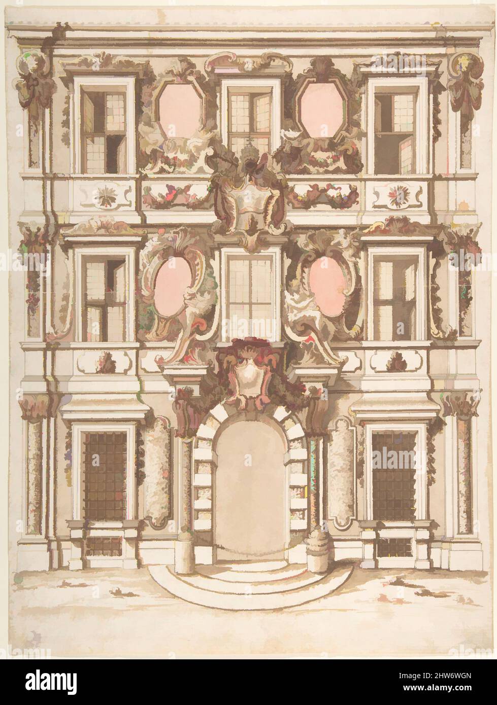 Kunst inspiriert von Design für die Fassade eines Palastes mit dem Wappen von Papst Clemens IX, ca. 1710–21, Stift und braune Tinte mit brauner, roter und grüner Wäsche, 13-11/16 x 10-1/4 in, Anonym, Italienisch, 18. Jahrhundert, Klassische Werke, die von Artotop mit einem Schuss Moderne modernisiert wurden. Formen, Farbe und Wert, auffällige visuelle Wirkung auf Kunst. Emotionen durch Freiheit von Kunstwerken auf zeitgemäße Weise. Eine zeitlose Botschaft, die eine wild kreative neue Richtung verfolgt. Künstler, die sich dem digitalen Medium zuwenden und die Artotop NFT erschaffen Stockfoto