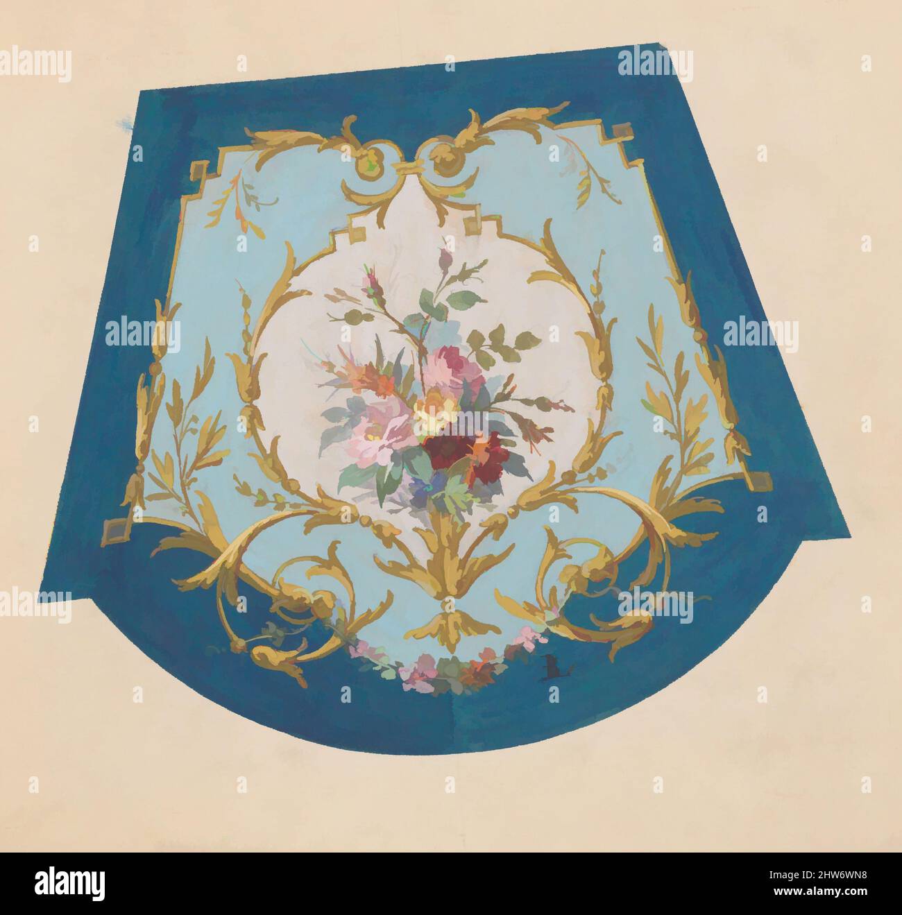 Art Inspired by Design for a Chair Seat Cover, ca. 1850–70, Stift und Tinte und Aquarell, 5 9/16 x 5 11/16 Zoll (14,2 x 14,5 cm), Anonymous, Französisch, 19. Jahrhundert, Diese kleine Zeichnung zeigt ein Design für einen Sitzbezug im Louis XVI-Stil von Künstlern wie Pierre Ranson (Französisch, Paris 1736-, Classic Works modernisiert von Artotop mit einem Schuss Moderne. Formen, Farbe und Wert, auffällige visuelle Wirkung auf Kunst. Emotionen durch Freiheit von Kunstwerken auf zeitgemäße Weise. Eine zeitlose Botschaft, die eine wild kreative neue Richtung verfolgt. Künstler, die sich dem digitalen Medium zuwenden und die Artotop NFT erschaffen Stockfoto