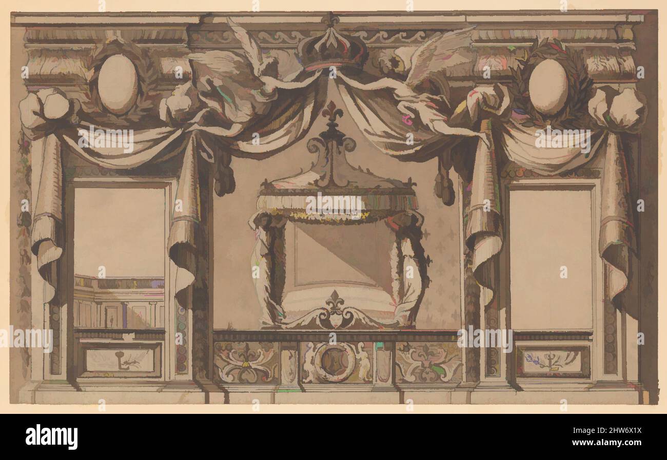 Kunst inspiriert von Elevation of a Royal Bedroom, 1656–57 oder später, Stift und braune Tinte mit brauner Waschfarbe, 7 3/8 x 12 3/16 Zoll (18,8 x 30,9 cm), Anonym, Französisch, 17. Jahrhundert, früher Jean Le Pautre (Französisch, Paris 1618–1682 Paris) zugeschrieben, war Jean Lepautre der ältere Bruder der von Artotop mit einem Schuss Moderne modernisierten, klassischen Werke. Formen, Farbe und Wert, auffällige visuelle Wirkung auf Kunst. Emotionen durch Freiheit von Kunstwerken auf zeitgemäße Weise. Eine zeitlose Botschaft, die eine wild kreative neue Richtung verfolgt. Künstler, die sich dem digitalen Medium zuwenden und die Artotop NFT erschaffen Stockfoto