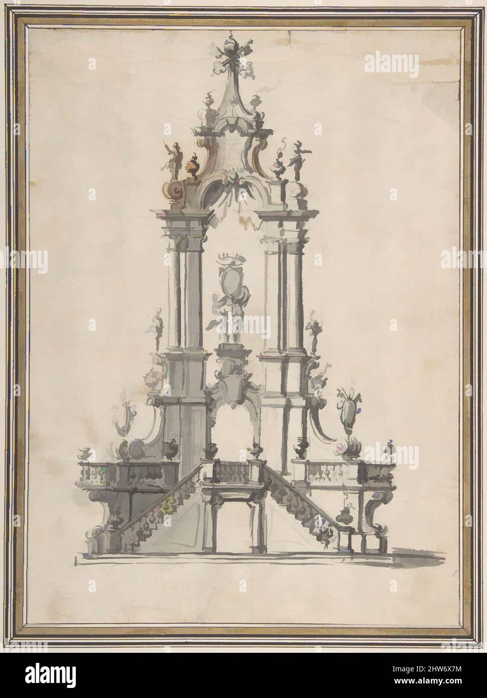 Art Inspired by Design for a Catafalque, 18. Century, Brown ink and wash, 10-13/16 x 7-7/8 in, Anonymous, Italiana, 18. Century, Klassische Werke, die von Artotop mit einem Schuss Moderne modernisiert wurden. Formen, Farbe und Wert, auffällige visuelle Wirkung auf Kunst. Emotionen durch Freiheit von Kunstwerken auf zeitgemäße Weise. Eine zeitlose Botschaft, die eine wild kreative neue Richtung verfolgt. Künstler, die sich dem digitalen Medium zuwenden und die Artotop NFT erschaffen Stockfoto