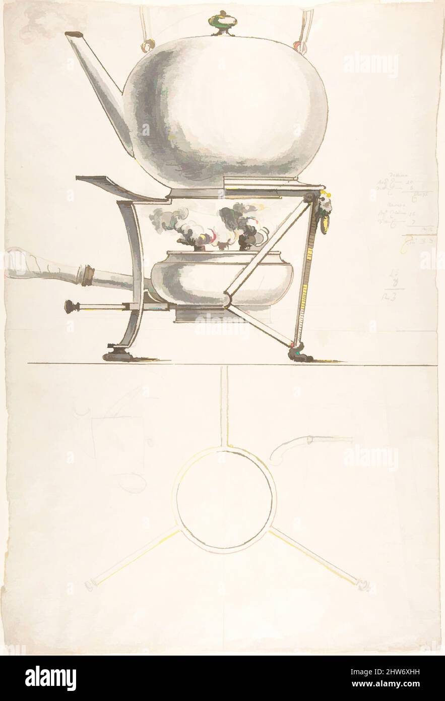 Art inspired by Kettle with Spirit Burner and stand, 1800–1900, Pen and wash, 16 x 11-3/4 in, Zeichnungen, Anonym, Italienisch, 19. Jahrhundert, Klassische Werke, die von Artotop mit einem Hauch von Moderne modernisiert wurden. Formen, Farbe und Wert, auffällige visuelle Wirkung auf Kunst. Emotionen durch Freiheit von Kunstwerken auf zeitgemäße Weise. Eine zeitlose Botschaft, die eine wild kreative neue Richtung verfolgt. Künstler, die sich dem digitalen Medium zuwenden und die Artotop NFT erschaffen Stockfoto