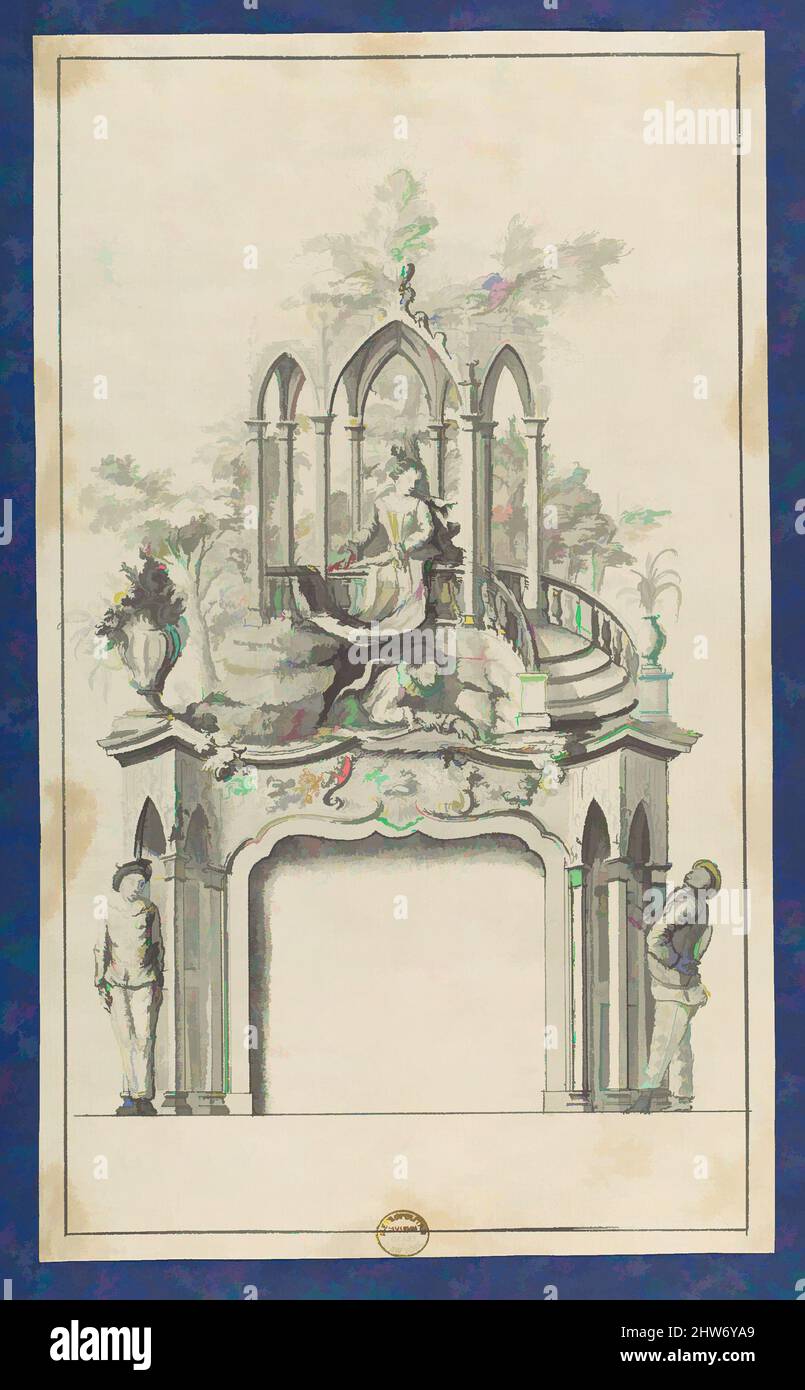 Kunst inspiriert von Kamin flankiert von Commedia dell'arte Figuren mit Overmantle zeigt einen gotischen Pavillon, in Chippendale Zeichnungen, Vol. I, ca. 1753–54, schwarze Tinte, graue Tinte, graue Wäsche, Blatt: 11 7/16 x 6 7/8 Zoll (29,1 x 17,5 cm), Thomas Chippendale (Brite, Getaufte Otley, West, Klassische Werke, die von Artotop mit einem Schuss Modernität modernisiert wurden. Formen, Farbe und Wert, auffällige visuelle Wirkung auf Kunst. Emotionen durch Freiheit von Kunstwerken auf zeitgemäße Weise. Eine zeitlose Botschaft, die eine wild kreative neue Richtung verfolgt. Künstler, die sich dem digitalen Medium zuwenden und die Artotop NFT erschaffen Stockfoto