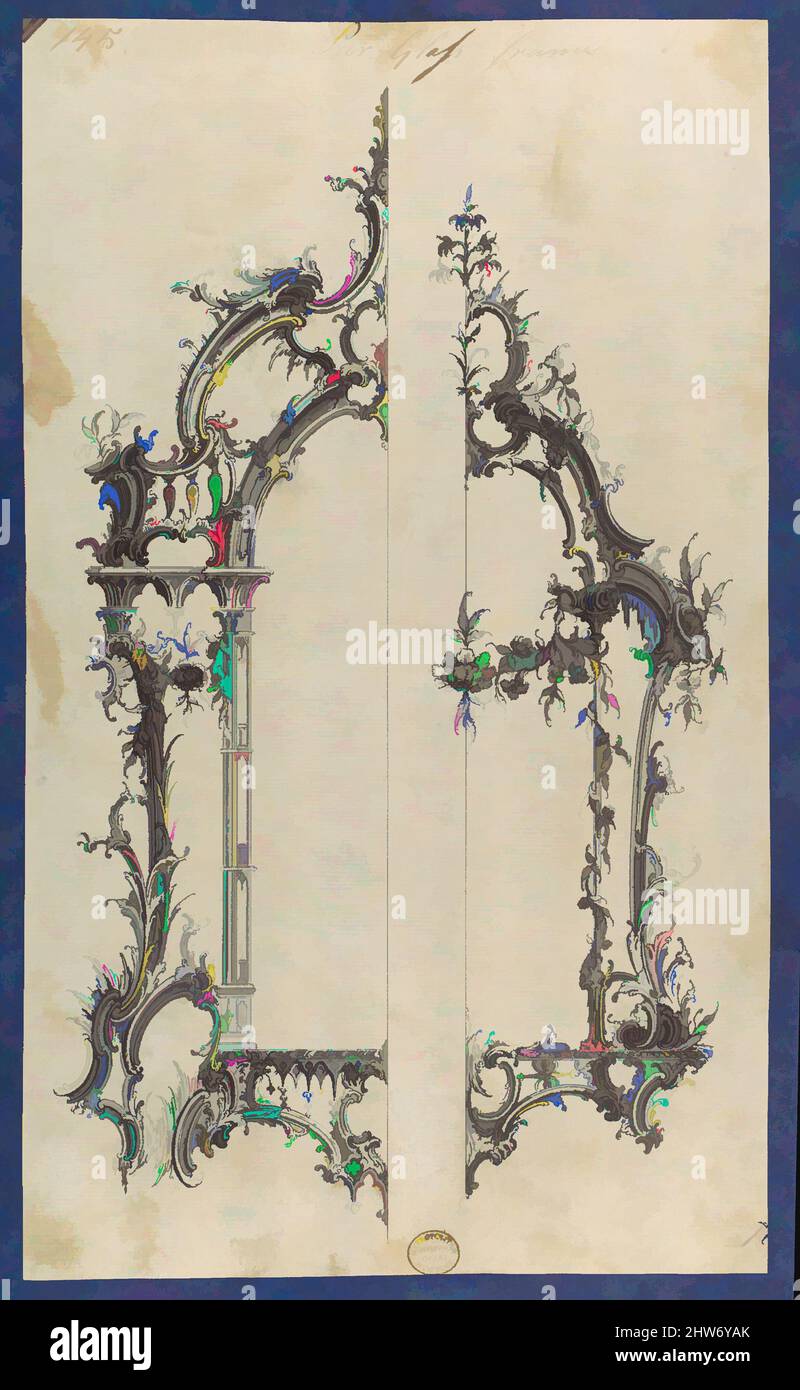 Kunst inspiriert von Pier Glass Frames, in Chippendale Drawings, Vol. I, ca. 1753–54, schwarze Tinte, graue Tinte, graue Wäsche, Blatt: 12 1/16 x 7 1/8 Zoll (30,6 x 18,2 cm), Thomas Chippendale (Brite, Getaufte Otley, West Yorkshire 1718–1779 London, Klassische Werke, die von Artotop mit einem Schuss Moderne modernisiert wurden. Formen, Farbe und Wert, auffällige visuelle Wirkung auf Kunst. Emotionen durch Freiheit von Kunstwerken auf zeitgemäße Weise. Eine zeitlose Botschaft, die eine wild kreative neue Richtung verfolgt. Künstler, die sich dem digitalen Medium zuwenden und die Artotop NFT erschaffen Stockfoto