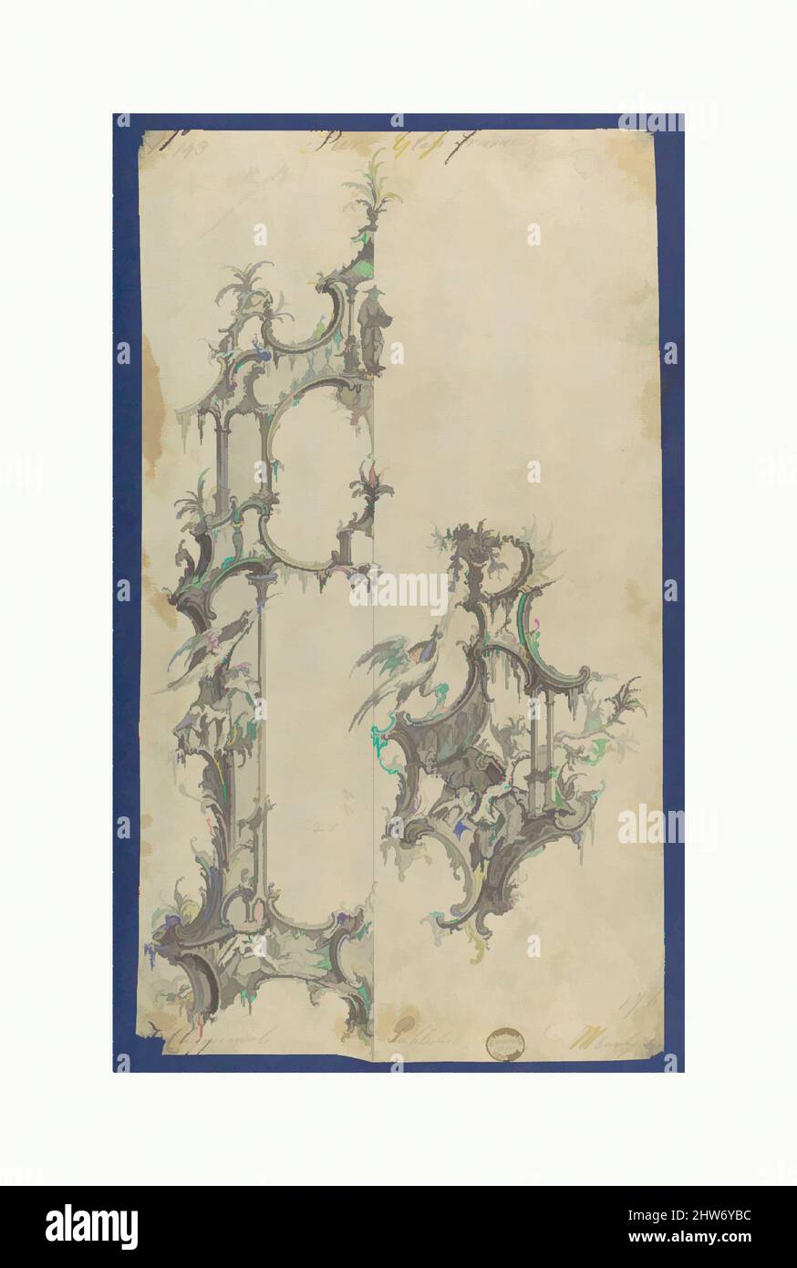Kunst inspiriert von Pier Glass Frames, in Chippendale Drawings, Vol. I, ca. 1753–54, schwarze Tinte, graue Tinte, graue Wäsche, Blatt: 12 1/8 x 6 3/4 Zoll (30,8 x 17,1 cm), Thomas Chippendale (Brite, Getaufte Otley, West Yorkshire 1718–1779 London, Klassische Werke, die von Artotop mit einem Schuss Moderne modernisiert wurden. Formen, Farbe und Wert, auffällige visuelle Wirkung auf Kunst. Emotionen durch Freiheit von Kunstwerken auf zeitgemäße Weise. Eine zeitlose Botschaft, die eine wild kreative neue Richtung verfolgt. Künstler, die sich dem digitalen Medium zuwenden und die Artotop NFT erschaffen Stockfoto
