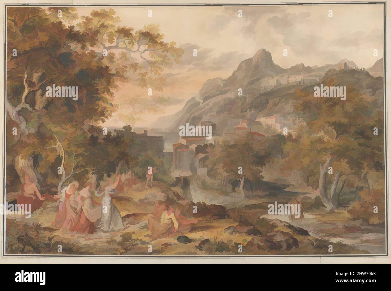 Kunst inspiriert von View of Vietri mit Young Country Women Dancing for Shepherds im Vordergrund, 1800, dunkelgraue Tinte, Aquarell, Gouache, Schwarze Kreide, schwarze Tinte, Blatt: 24 5/16 x 37 3/8 Zoll (61,7 x 95 cm), Zeichnungen, Joseph Anton Koch (Österreicher, Obergibeln bei Elbigenalp 1768–1839 Rom, Klassische Werke, die von Artotop mit einem Schuss Moderne modernisiert wurden. Formen, Farbe und Wert, auffällige visuelle Wirkung auf Kunst. Emotionen durch Freiheit von Kunstwerken auf zeitgemäße Weise. Eine zeitlose Botschaft, die eine wild kreative neue Richtung verfolgt. Künstler, die sich dem digitalen Medium zuwenden und die Artotop NFT erschaffen Stockfoto