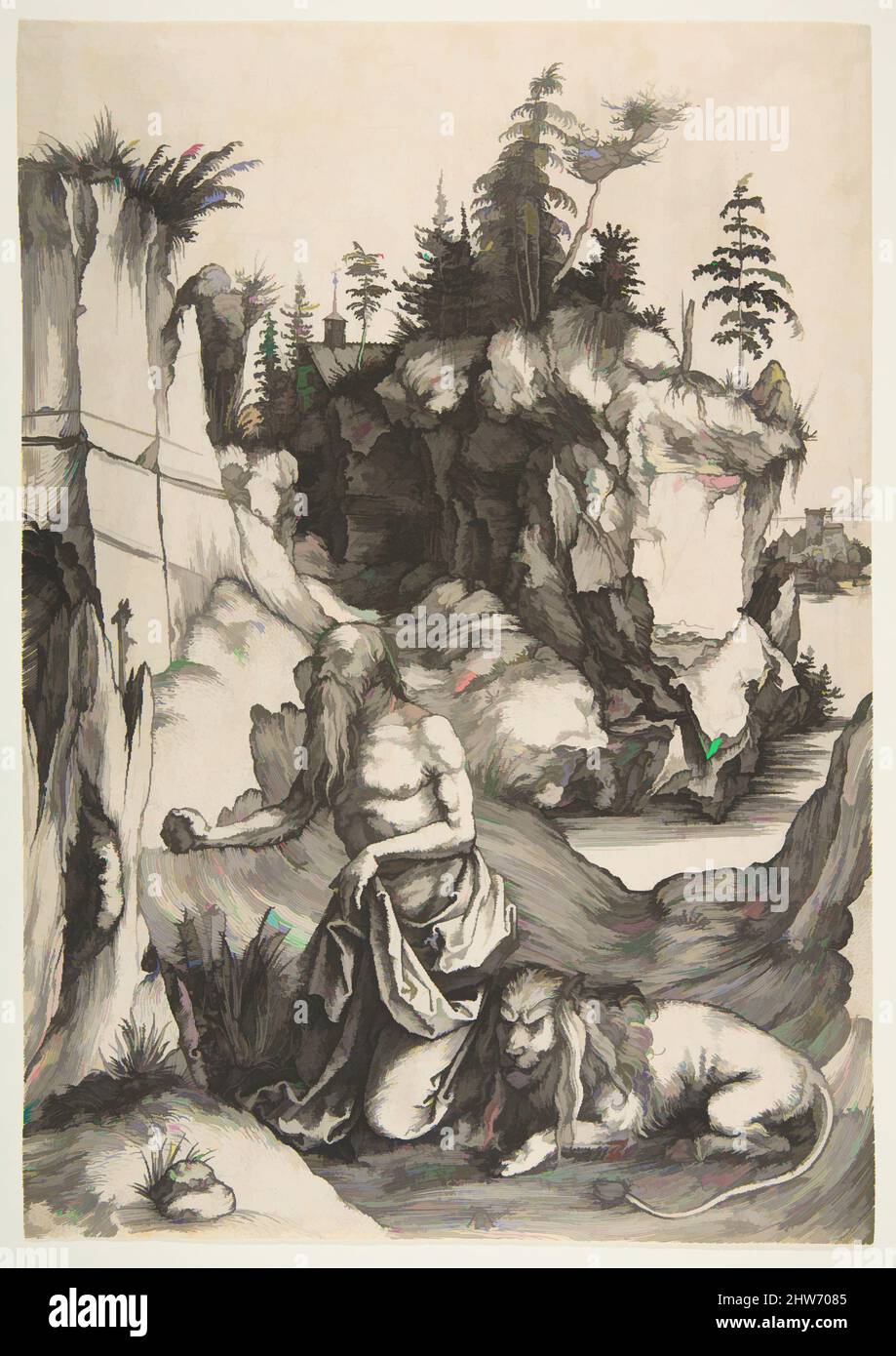 Kunst inspiriert von St. Jerome Büßer in der Wildnis, ca. 1496, Gravieren; zweiter Zustand von zwei, Blatt: 12 5/8 × 8 7/8 Zoll (32,1 × 22,5 cm), Drucke, Albrecht Dürer (deutsch, Nürnberg 1471–1528 Nürnberg, Klassische Werke, die von Artotop mit einem Schuss Moderne modernisiert wurden. Formen, Farbe und Wert, auffällige visuelle Wirkung auf Kunst. Emotionen durch Freiheit von Kunstwerken auf zeitgemäße Weise. Eine zeitlose Botschaft, die eine wild kreative neue Richtung verfolgt. Künstler, die sich dem digitalen Medium zuwenden und die Artotop NFT erschaffen Stockfoto