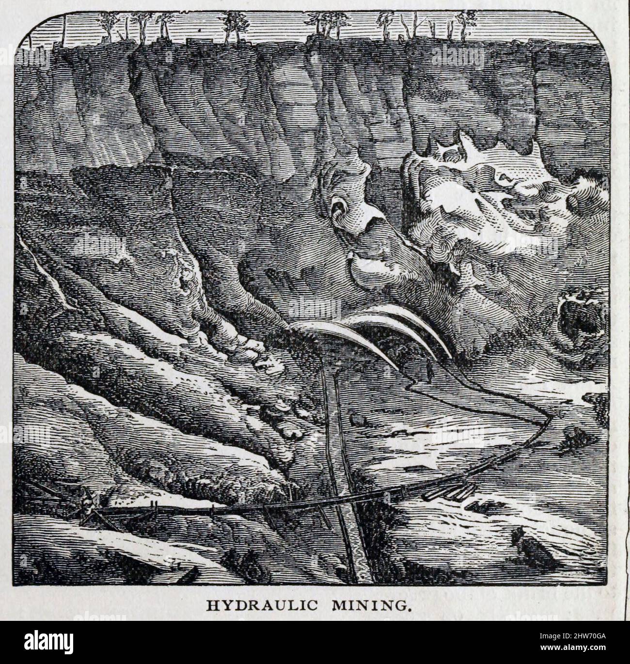 Der hydraulische Bergbau ist eine Form des Bergbaus, bei der mithilfe von Hochdruckdüsen von Wasser Gesteinsmaterial abgebaut oder Sedimente bewegt werden.[1] beim placeren Abbau von Gold oder Zinn wird die entstehende Wasser-Sediment-Gülle durch Schlammkästen geleitet, um das Gold zu entfernen. Es wird auch beim Abbau von Kaolin und Kohle verwendet. Der hydraulische Bergbau entwickelte sich aus alten römischen Techniken, die Wasser zur Aushub weicher unterirdischer Lagerstätten verwendeten. Seine moderne Form, mit Druckwasserstrahlen, die von einer Düse namens "Monitor" produziert wurden, entstand im Jahr 1850s während des kalifornischen Goldrausches in den Vereinigten Staaten. Obwohl erfolgreich beim Extrahieren Stockfoto