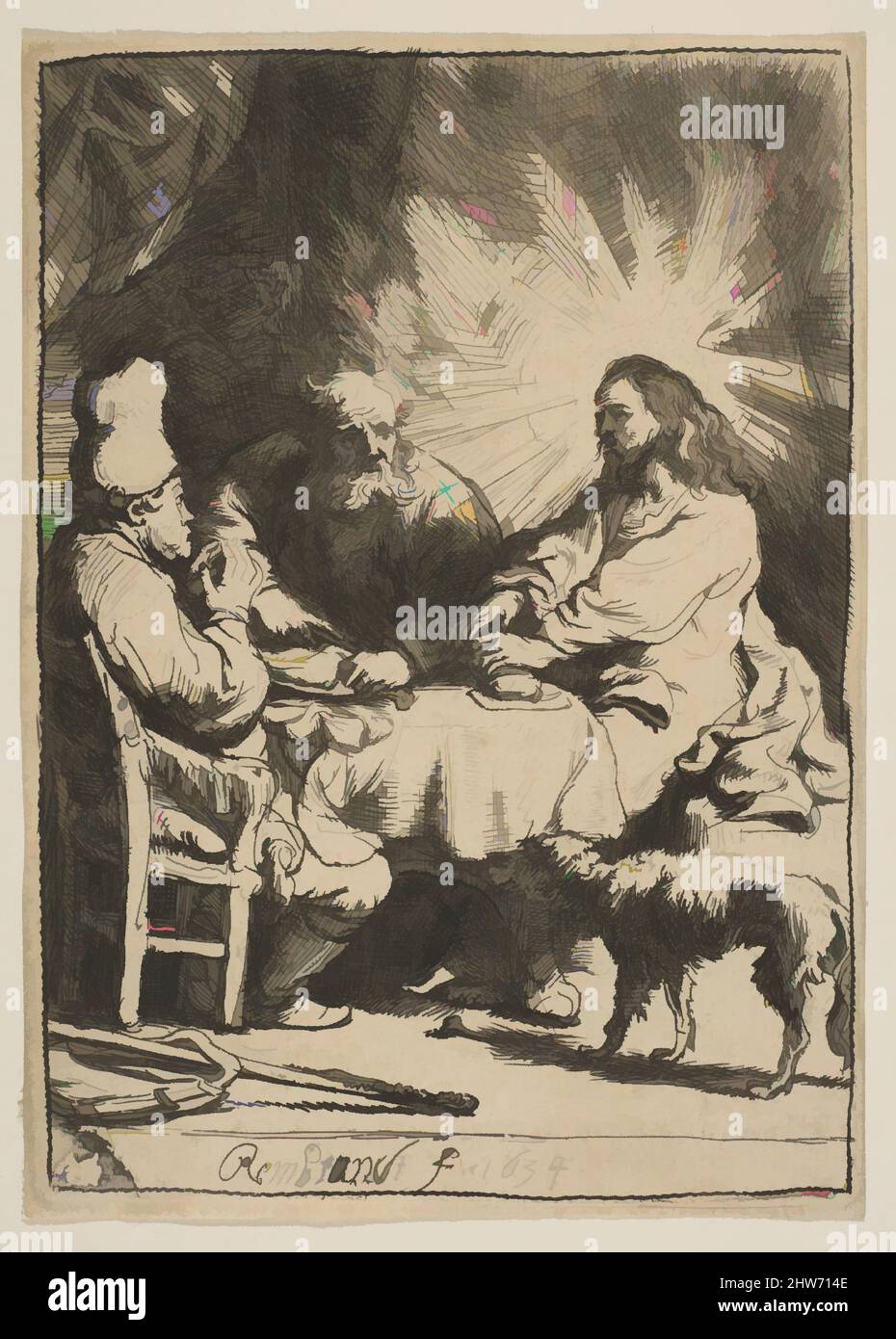 Von Christus inspirierte Kunst in Emmaus: The Smaller Plate, 1634, Radierung mit einem Hauch von Trockenpunkt, Drucke, Rembrandt (Rembrandt van Rijn) (Niederländisch, Leiden 1606–1669 Amsterdam, Klassische Werke, die von Artotop mit einem Schuss Moderne modernisiert wurden. Formen, Farbe und Wert, auffällige visuelle Wirkung auf Kunst. Emotionen durch Freiheit von Kunstwerken auf zeitgemäße Weise. Eine zeitlose Botschaft, die eine wild kreative neue Richtung verfolgt. Künstler, die sich dem digitalen Medium zuwenden und die Artotop NFT erschaffen Stockfoto