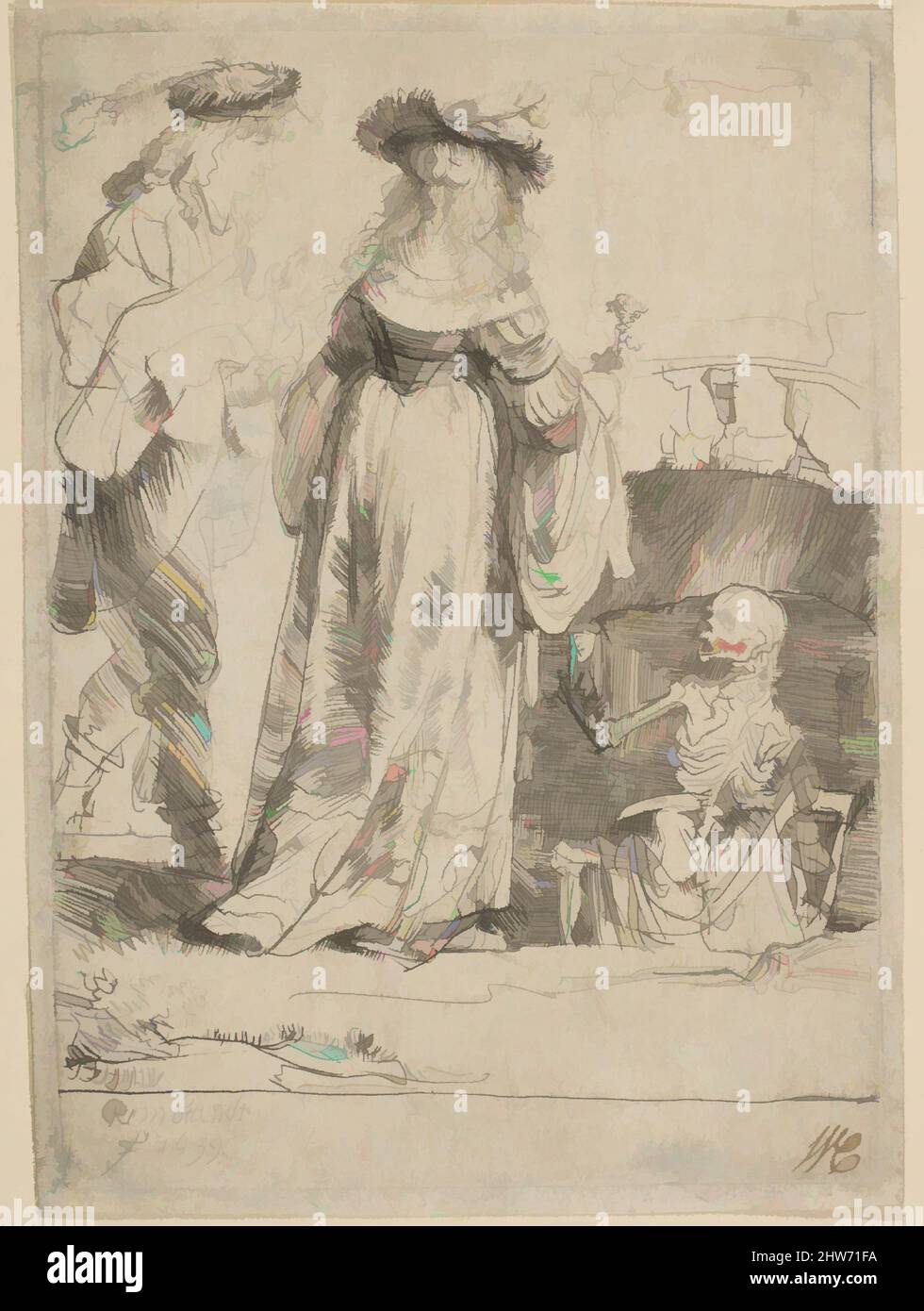 Art Inspired by Death Appearing to a Wedded Couple from an Open Grave, 1639, Radierung, Drucke, Rembrandt (Rembrandt van Rijn) (Niederländisch, Leiden 1606–1669 Amsterdam, Klassische Werke, die von Artotop mit einem Schuss Moderne modernisiert wurden. Formen, Farbe und Wert, auffällige visuelle Wirkung auf Kunst. Emotionen durch Freiheit von Kunstwerken auf zeitgemäße Weise. Eine zeitlose Botschaft, die eine wild kreative neue Richtung verfolgt. Künstler, die sich dem digitalen Medium zuwenden und die Artotop NFT erschaffen Stockfoto